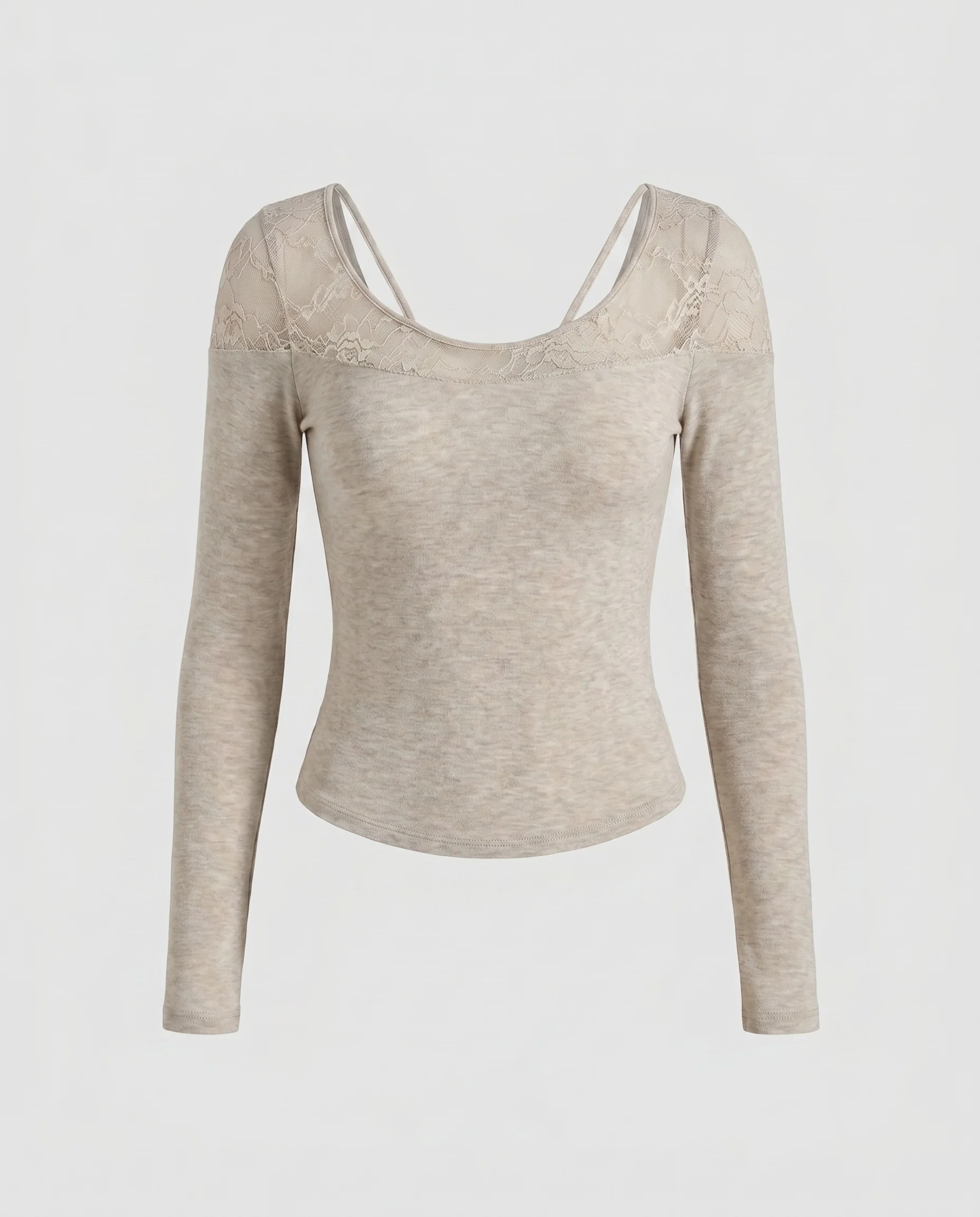 Damen nan figurbetontes Langarmshirt mit transparentem Spitzenoberteil und dekorativem Doppelträger-Ausschnitt - Image 5