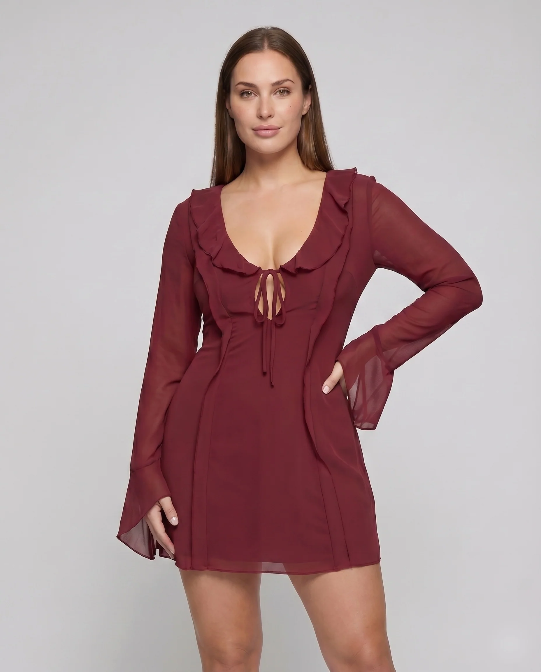 Damen Minikleid V-Ausschnitt Schnür-Front Volantkragen - Image 2