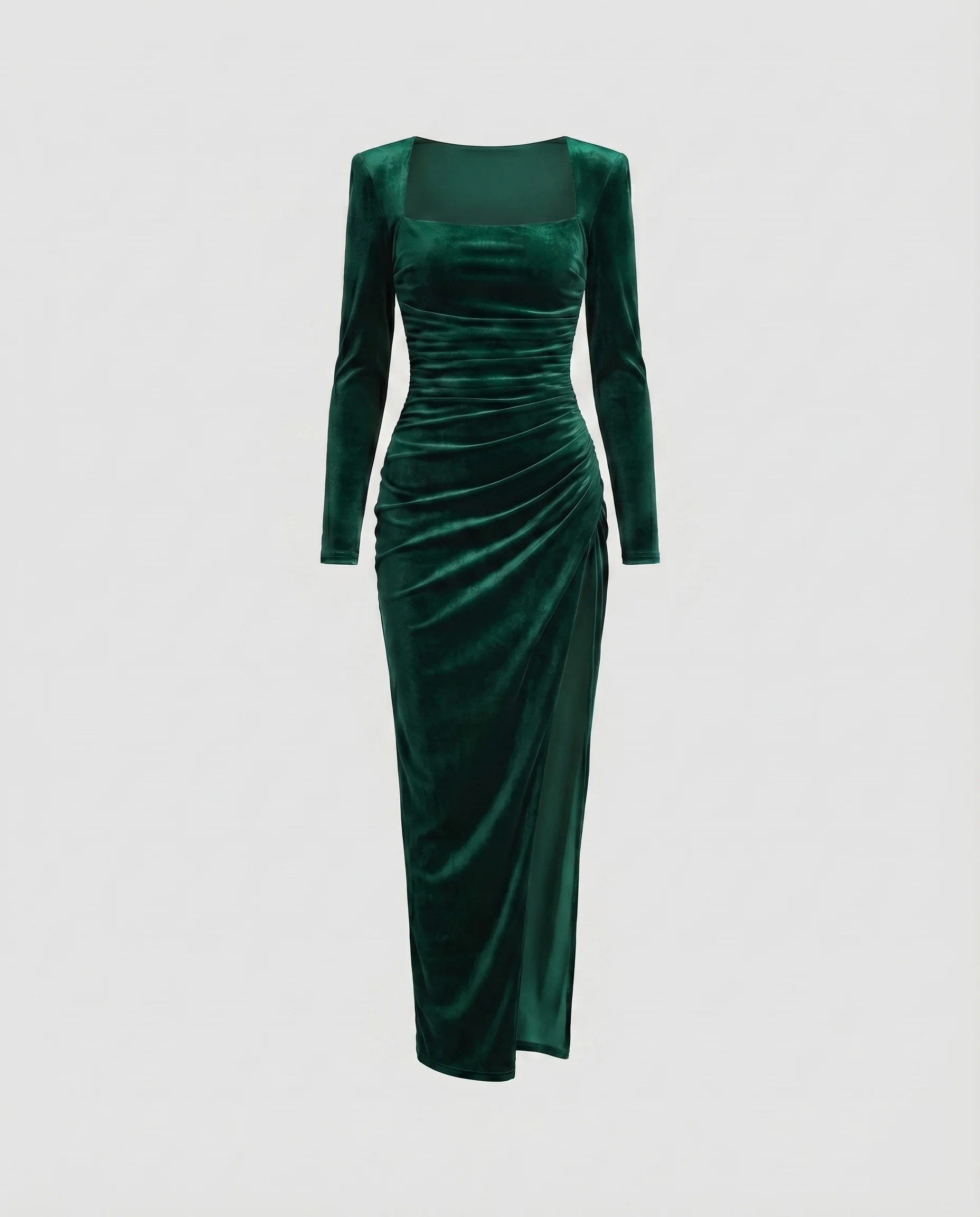 Damen Samt-Abendkleid Quadrat-Ausschnitt Raffung Beinschlitz - Image 7