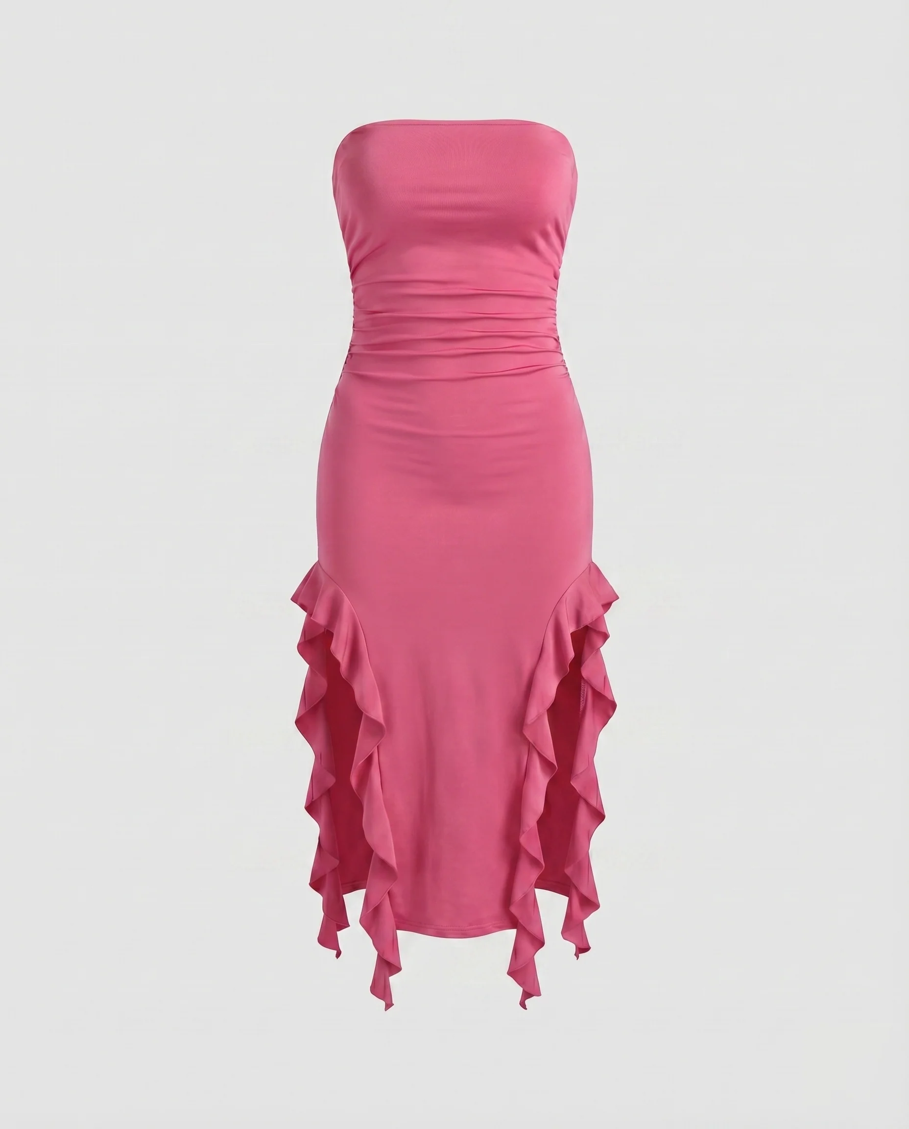 Damen Midikleid Trägerlos Seitliche Volants Raffung - Image 15