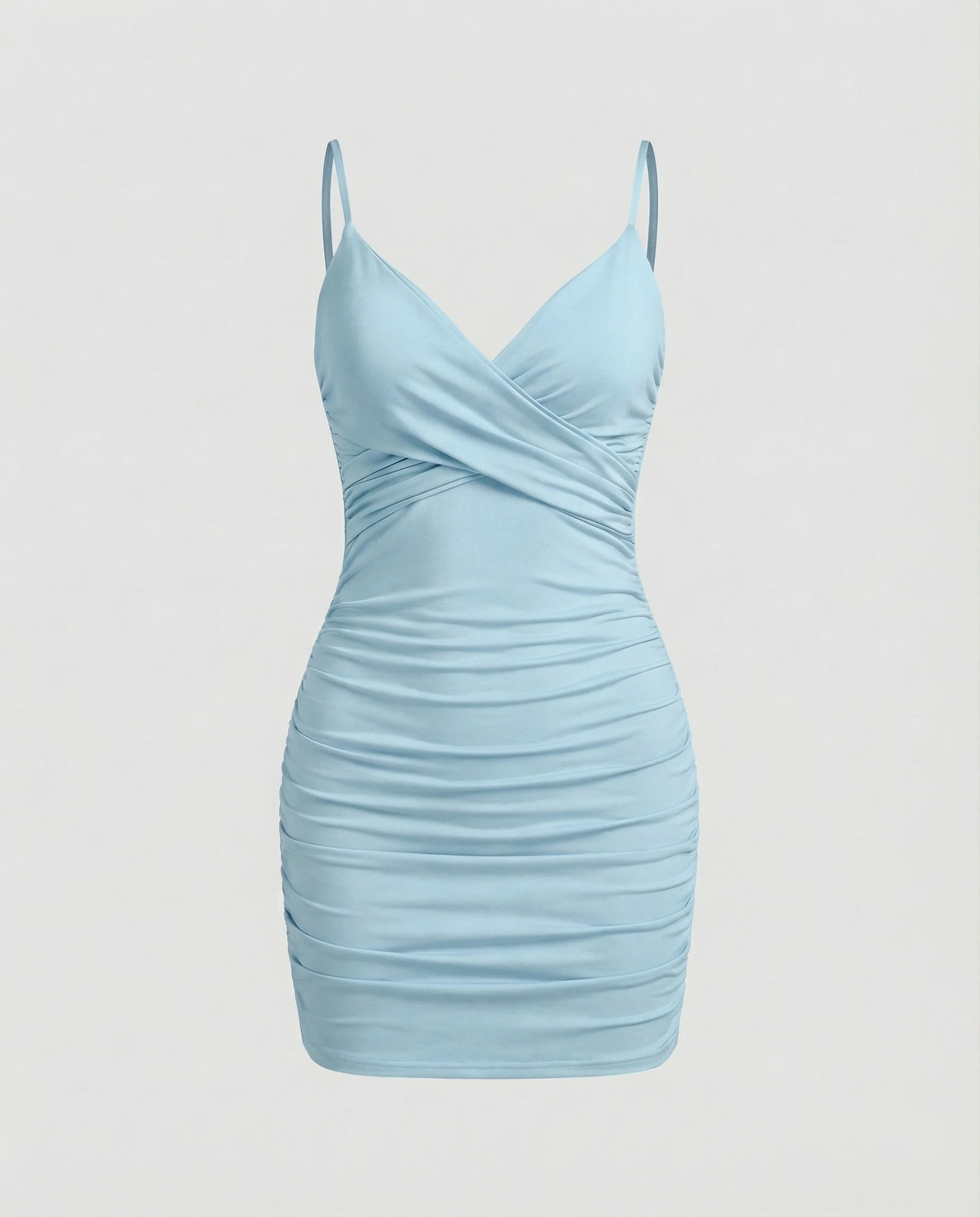 Damen nan figurbetontes Wickel-Minikleid mit V-Ausschnitt, integrierten Soft-Cups, verstellbaren Spaghettiträgern und seitlicher Raffung R&B - Image 8
