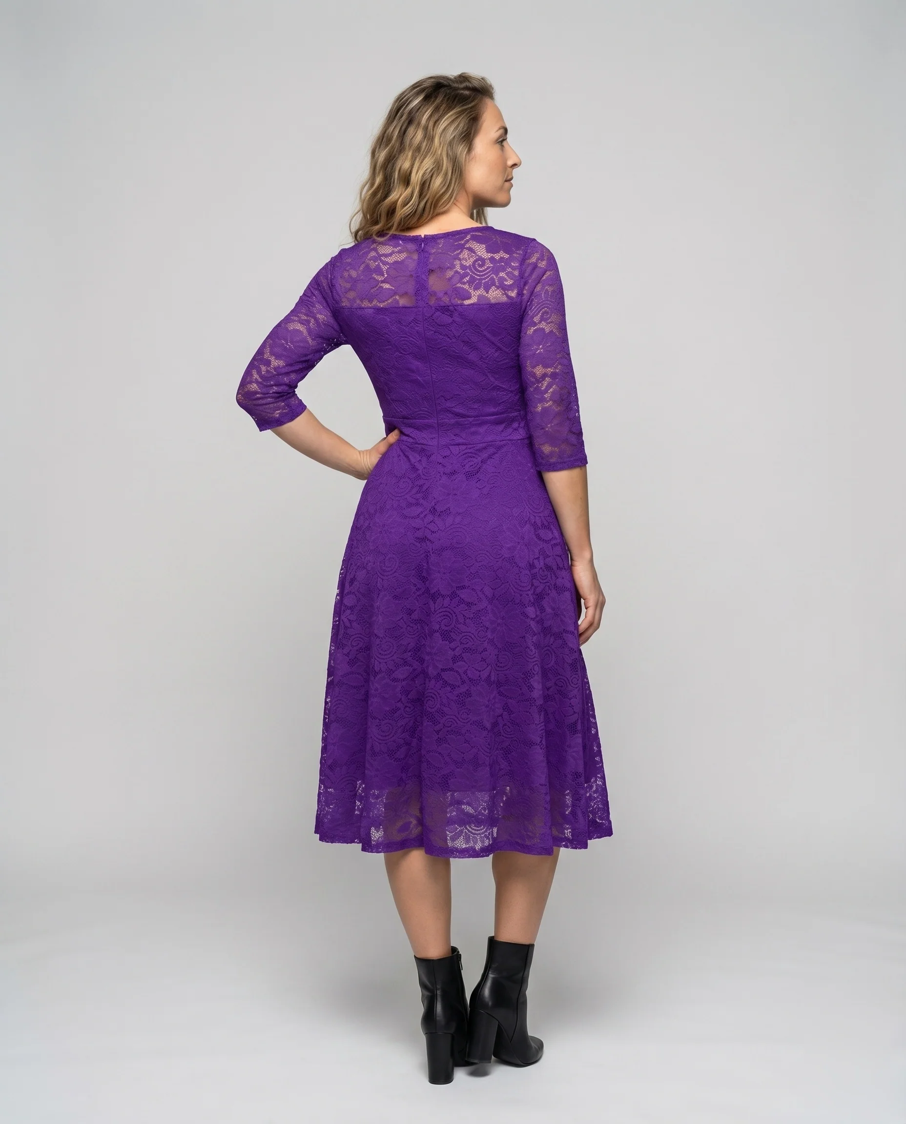 Damen Spitzen-Midikleid 3/4-Arm Korsettnaht Taschen - Image 3