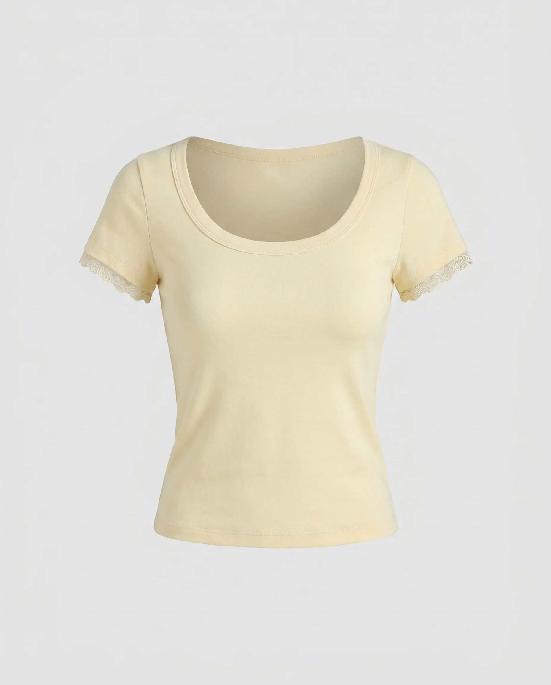 Damen nan figurnahes Kurzarmshirt mit Spitzenmanschetten und schmeichelnder Rundhalsform - Image 5