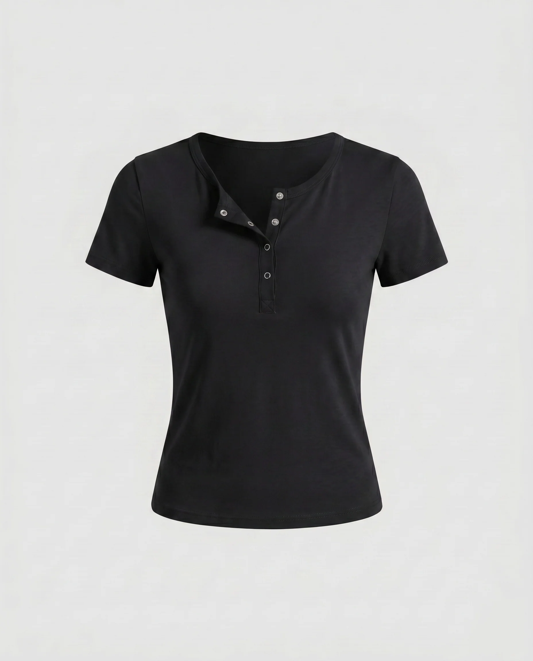 Damen nan figurnahtes Henley-Shirt mit Druckknopfleiste und kurzärmeligem Baumwollmix - Image 8