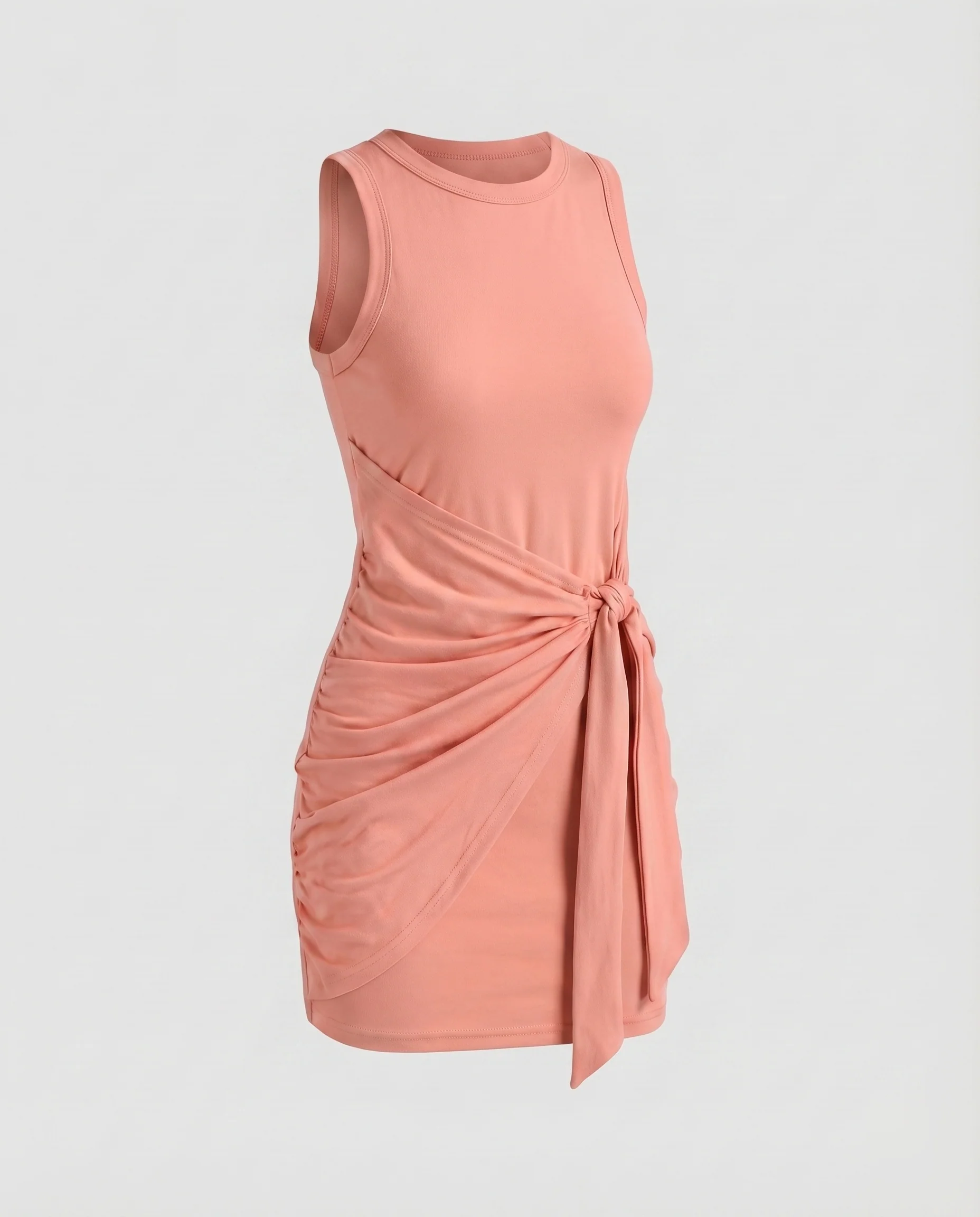 Damen Minikleid Knotenraffung Wickeldrapé Rundhals - Image 8