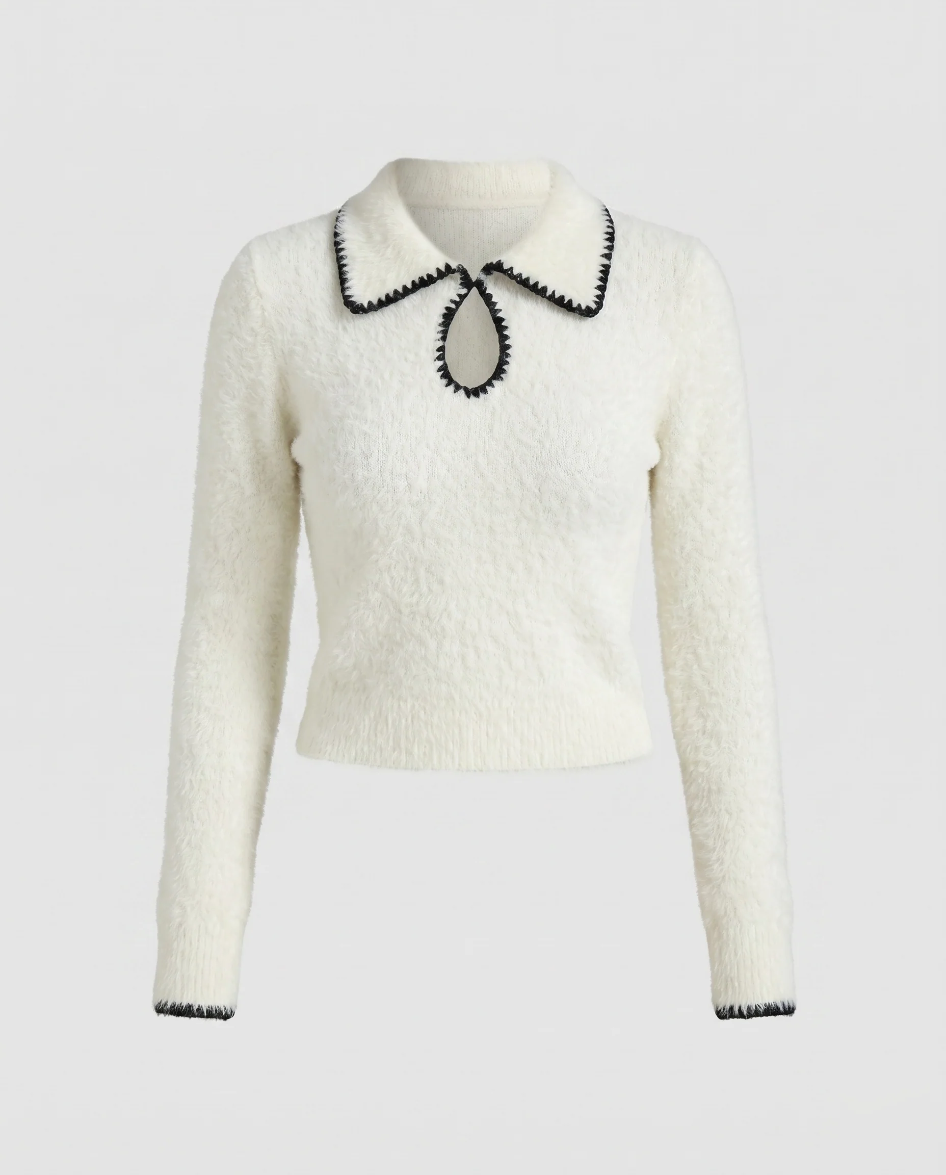 Damen nan flauschiger Bouclé-Strickpullover mit dekorativem Zierkragen, Schlüsselloch und leicht verkürzter Silhouette - Image 5