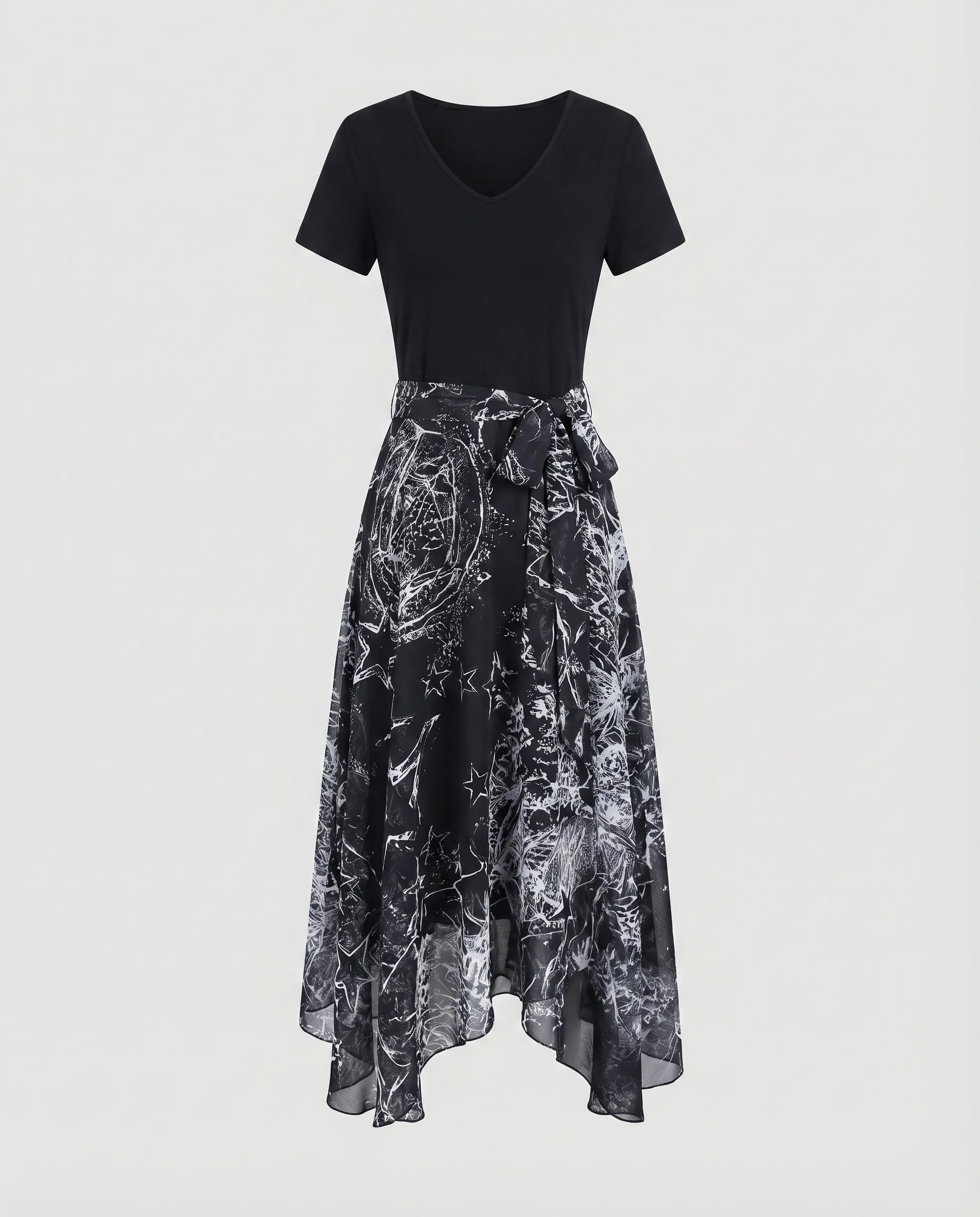 Damen Asymmetrisches Midikleid V-Ausschnitt Bindegürtel Fließend - Image 4