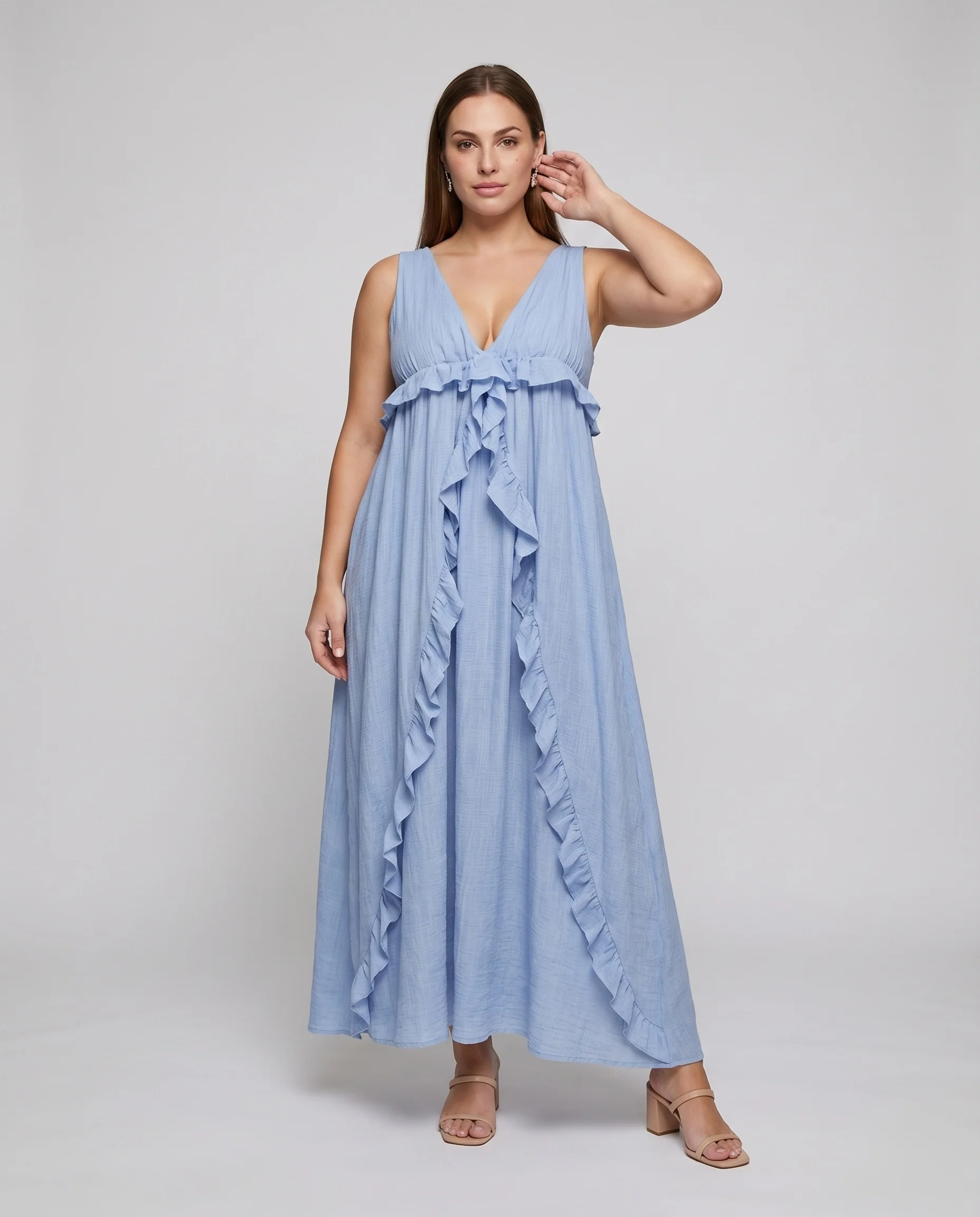 Damen Baumwoll-Gaze Kleid Geraffte Empire-Büste Volantbesatz