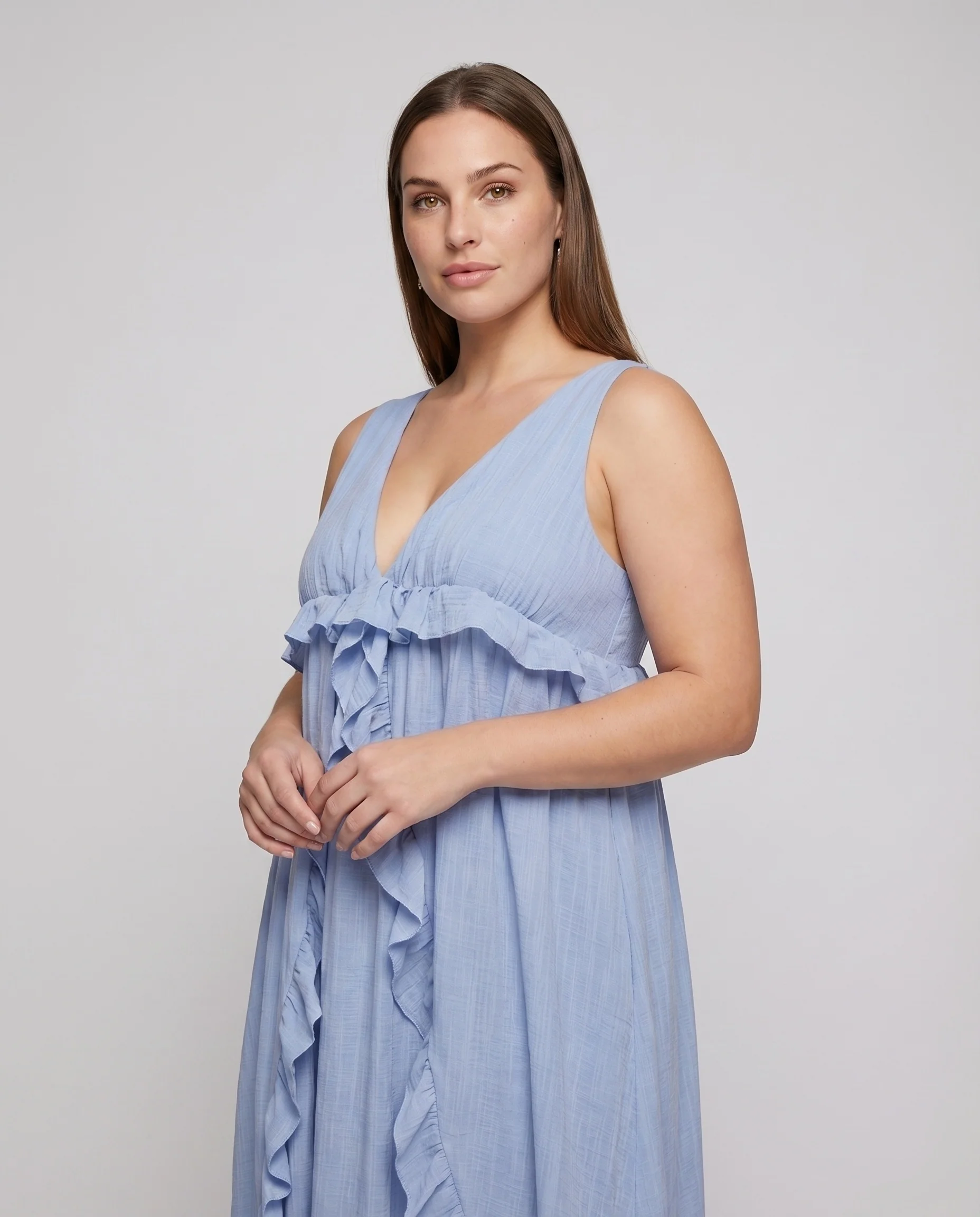 Damen Baumwoll-Gaze Kleid Geraffte Empire-Büste Volantbesatz - Image 2
