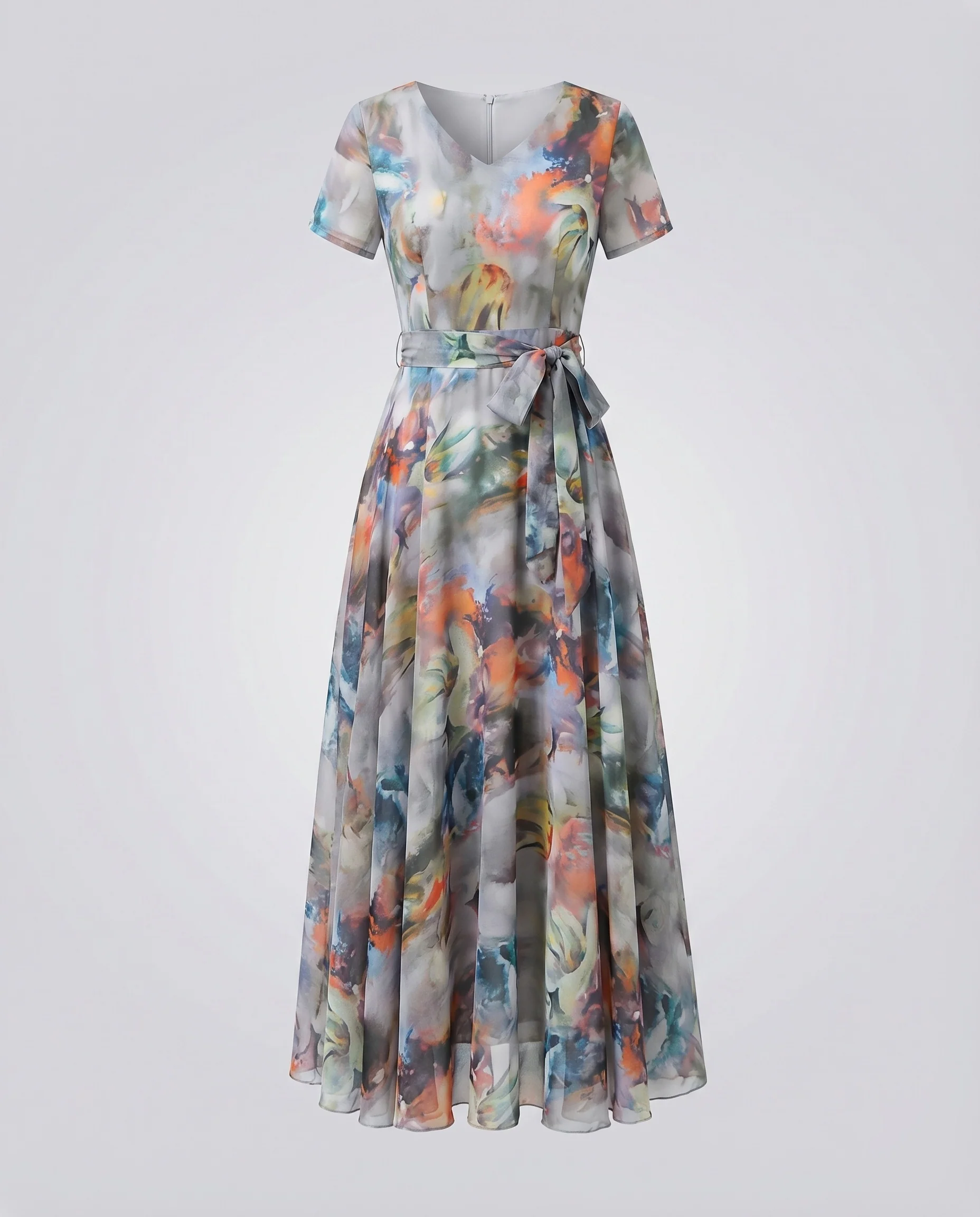 Damen Chiffon Maxikleid Taillengürtel V-Ausschnitt Fließend - Image 5