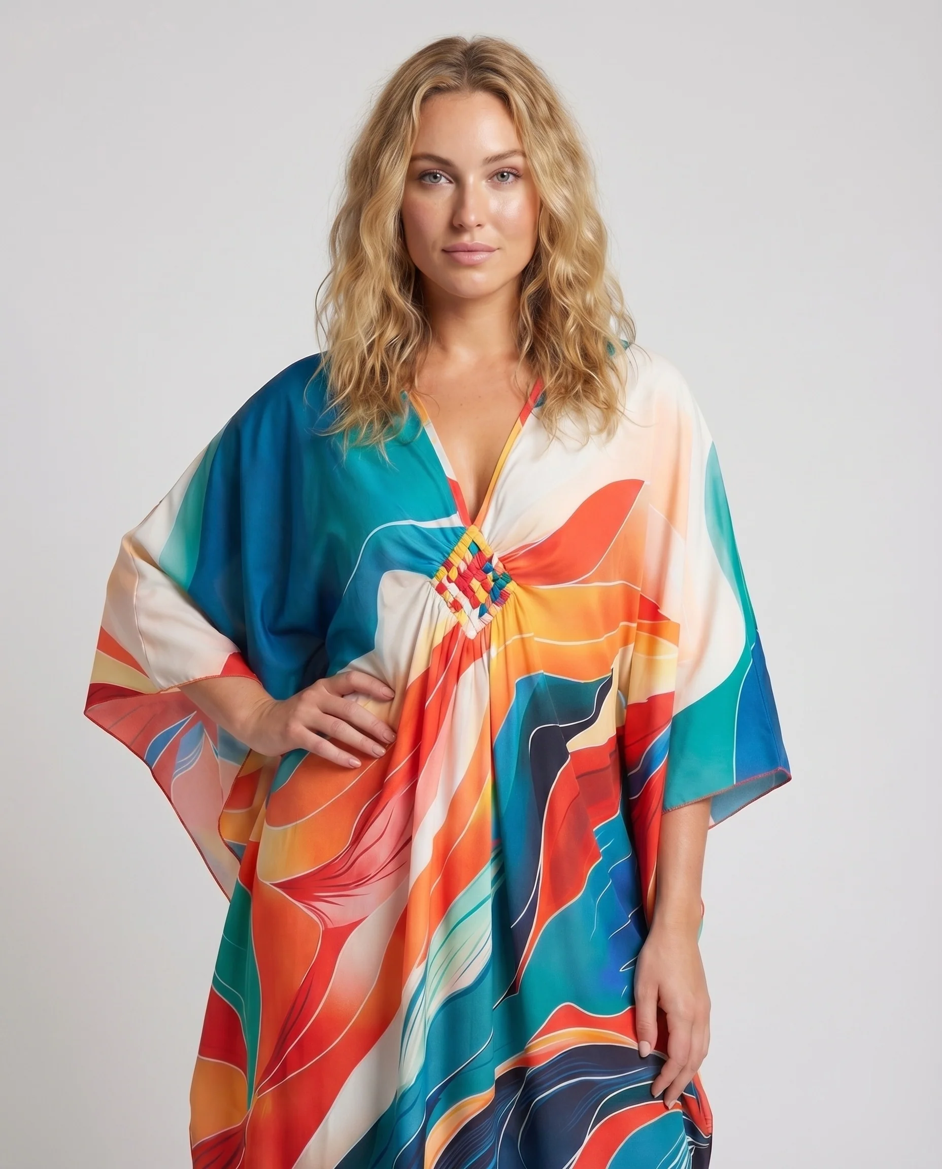 Damen Kaftan-Maxi Kimonoärmel Geflochtene Brustverzierung V-Ausschnitt - Image 2