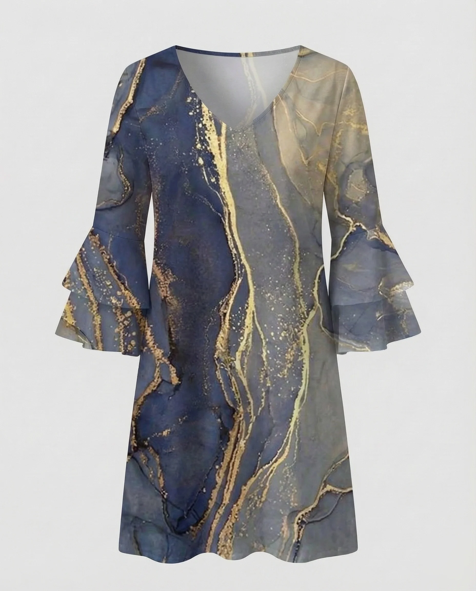 Damen Kurzkleid Marmorprint Ausgestellte Ärmel - Image 6
