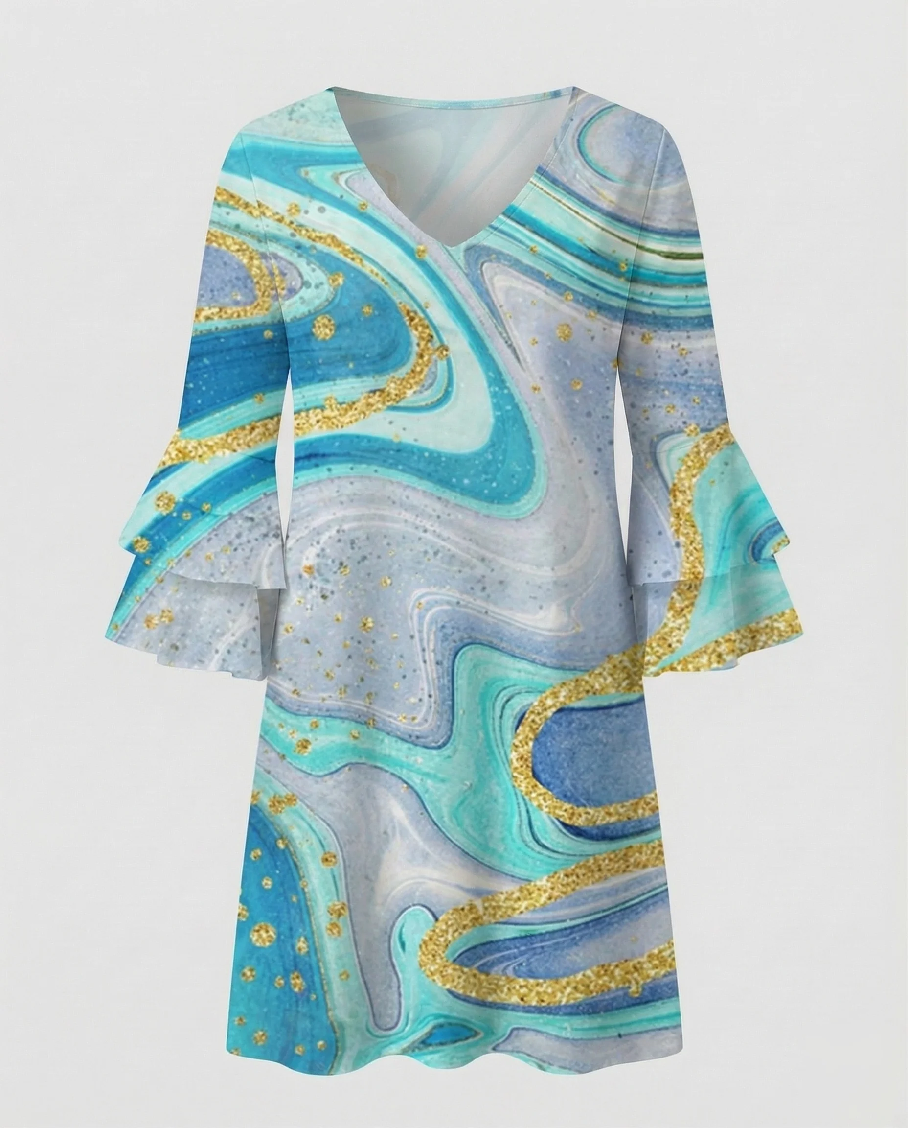 Damen Kurzkleid Marmorprint Ausgestellte Ärmel - Image 7