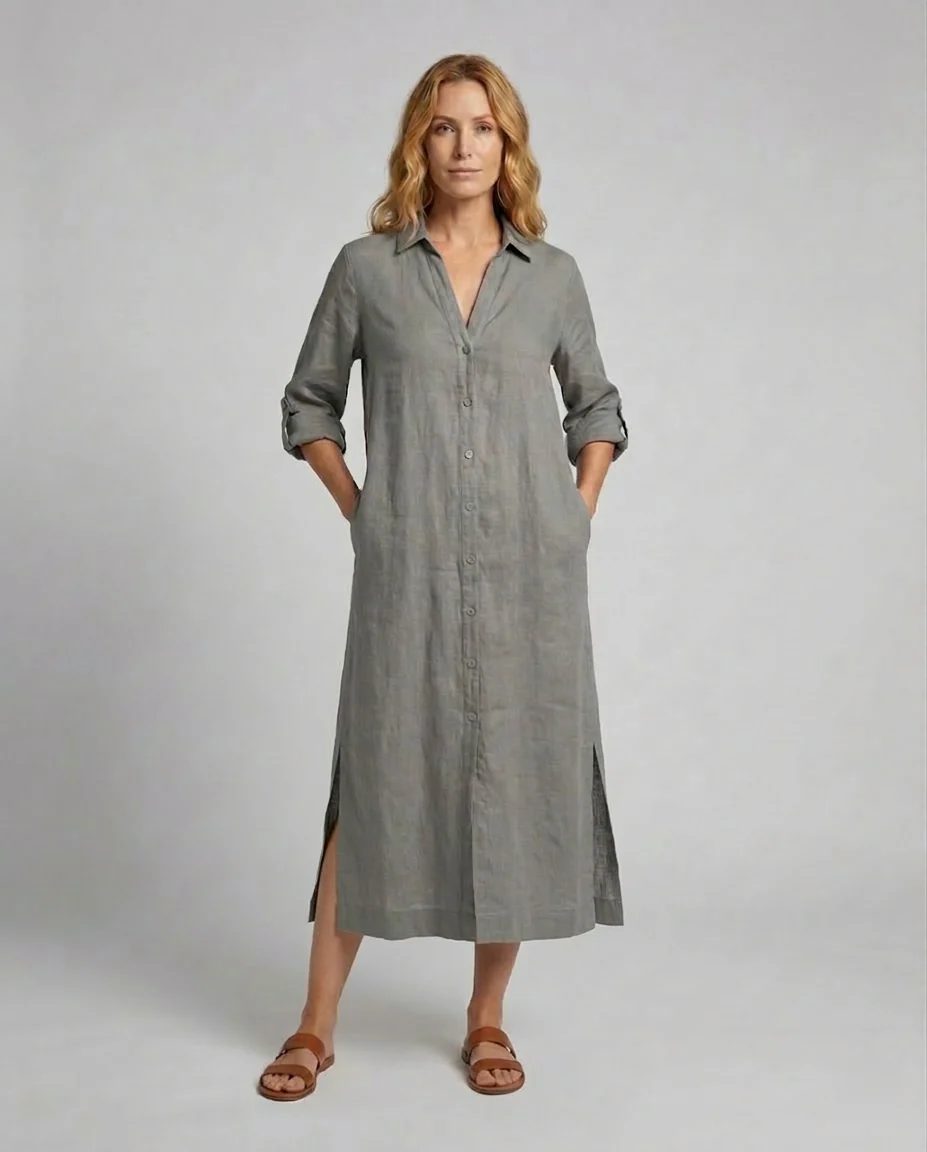 Leinen Maxikleid Damen mit Knopfleiste