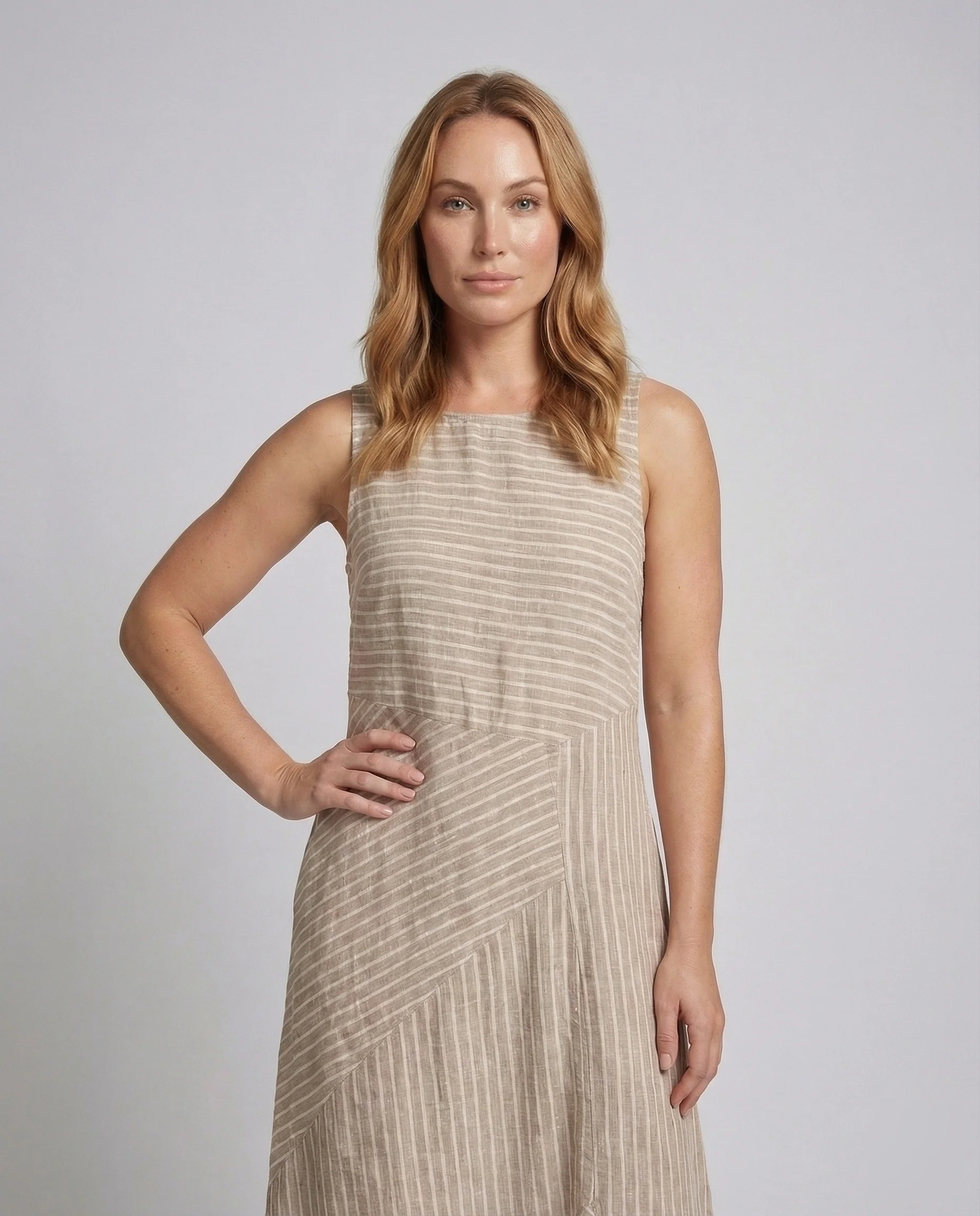 Damen Leinenmix-Midikleid Diagonale Streifenoptik - Image 2