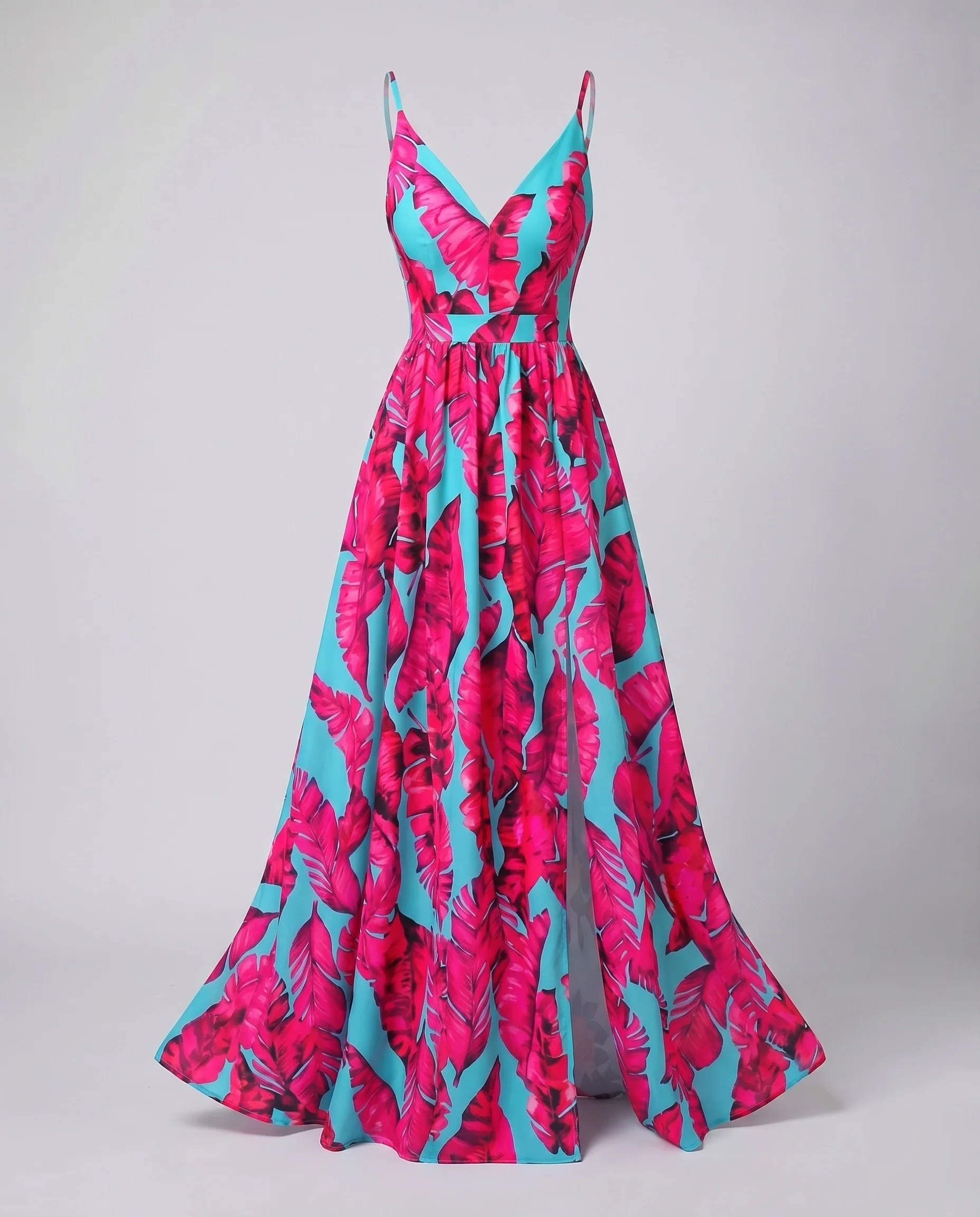Damen Maxikleid Rosenprint Beinschlitz Spaghettiträger Tailliert - Image 6
