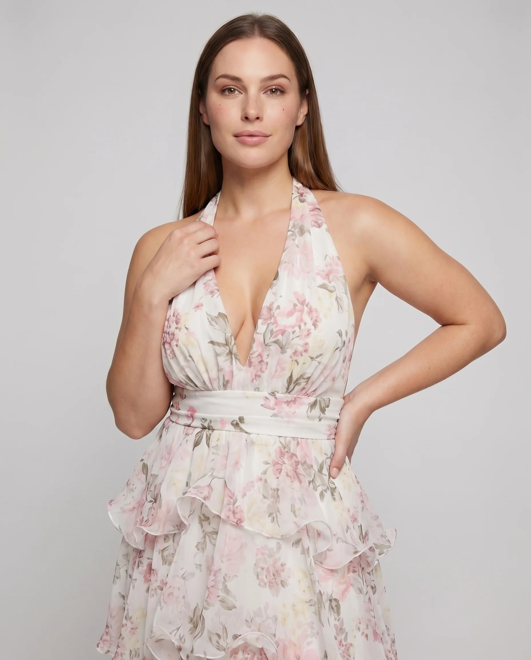 Damen Maxikleid Blumenprint Volants V-Ausschnitt - Image 2