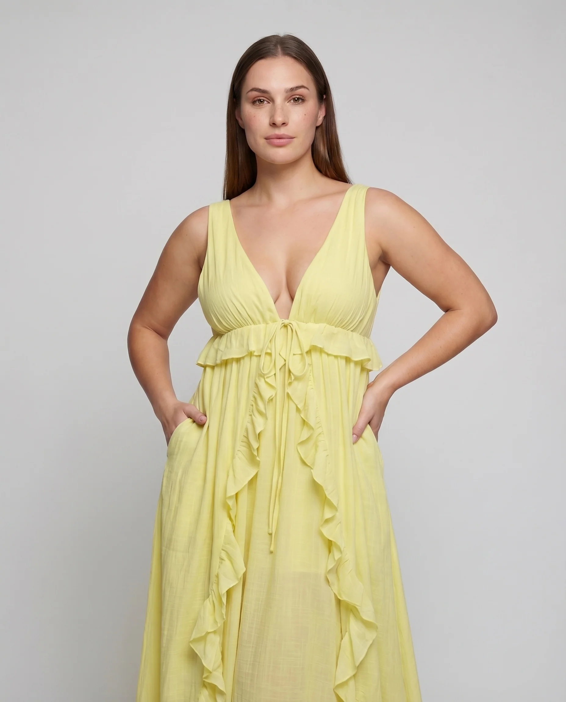 Damen Maxikleid Volants Tiefer V-Ausschnitt Fließend - Image 2