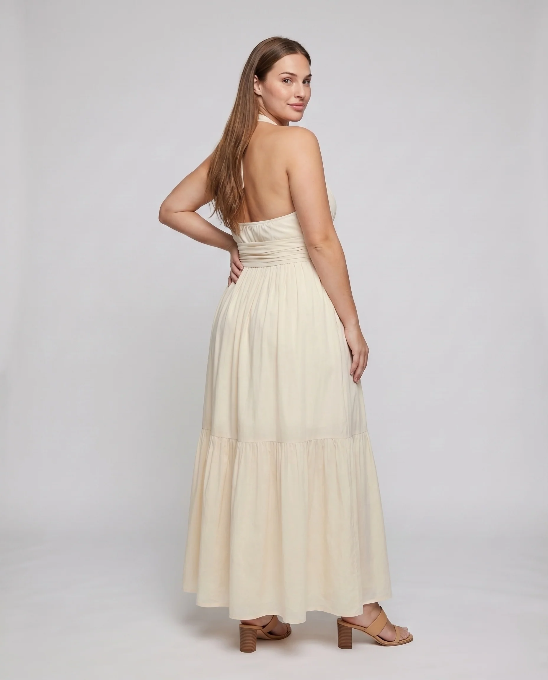 Damen Maxikleid Bindeträger Taillierte Raffung Fließend - Image 4