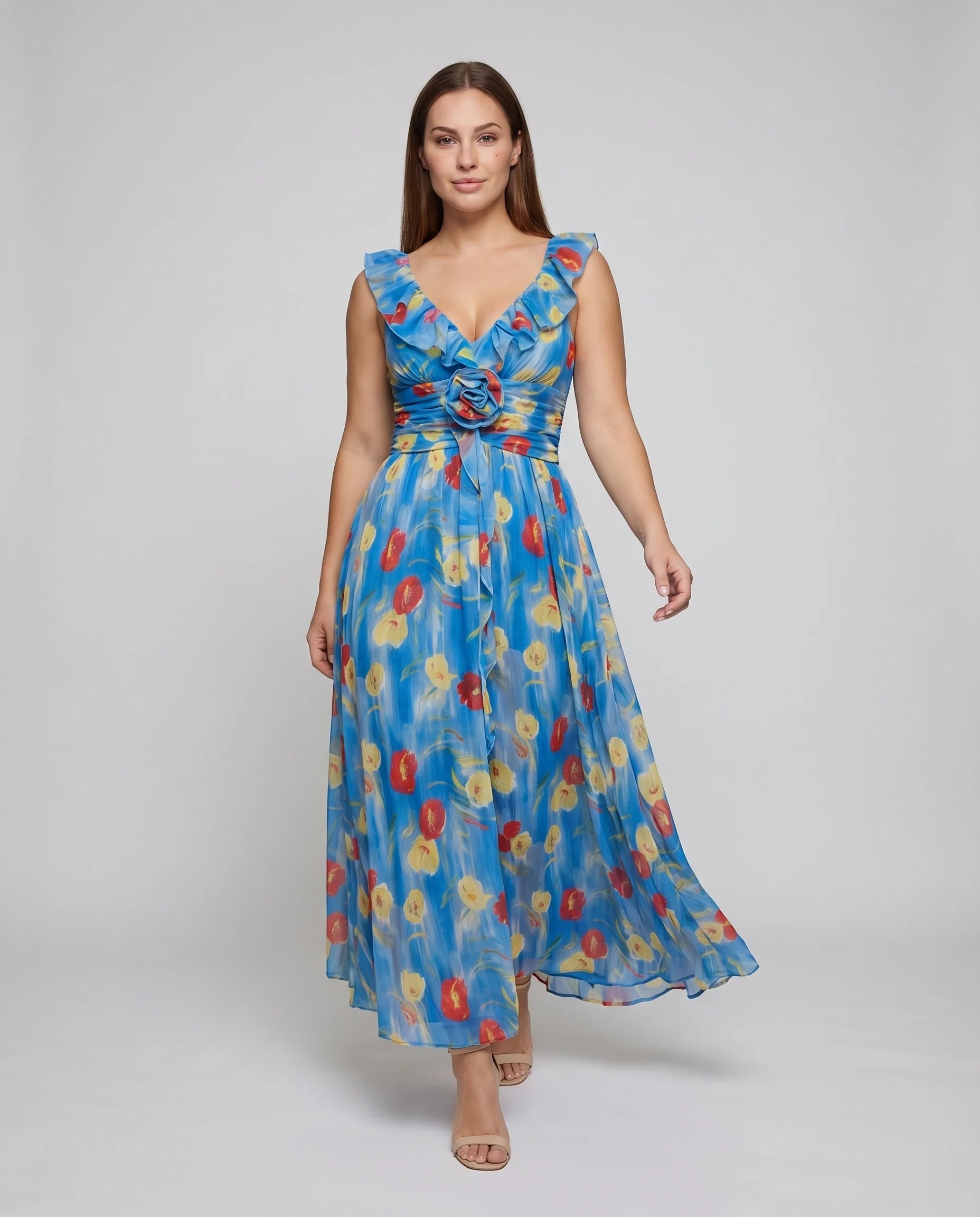 Damen Chiffon-Maxikleid Rüschen-Träger Tailliert Fließend