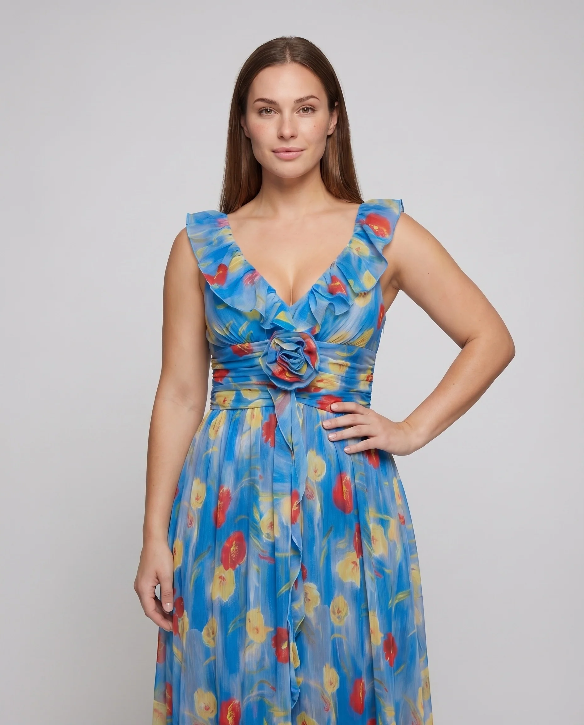 Damen Chiffon-Maxikleid Rüschen-Träger Tailliert Fließend - Image 2