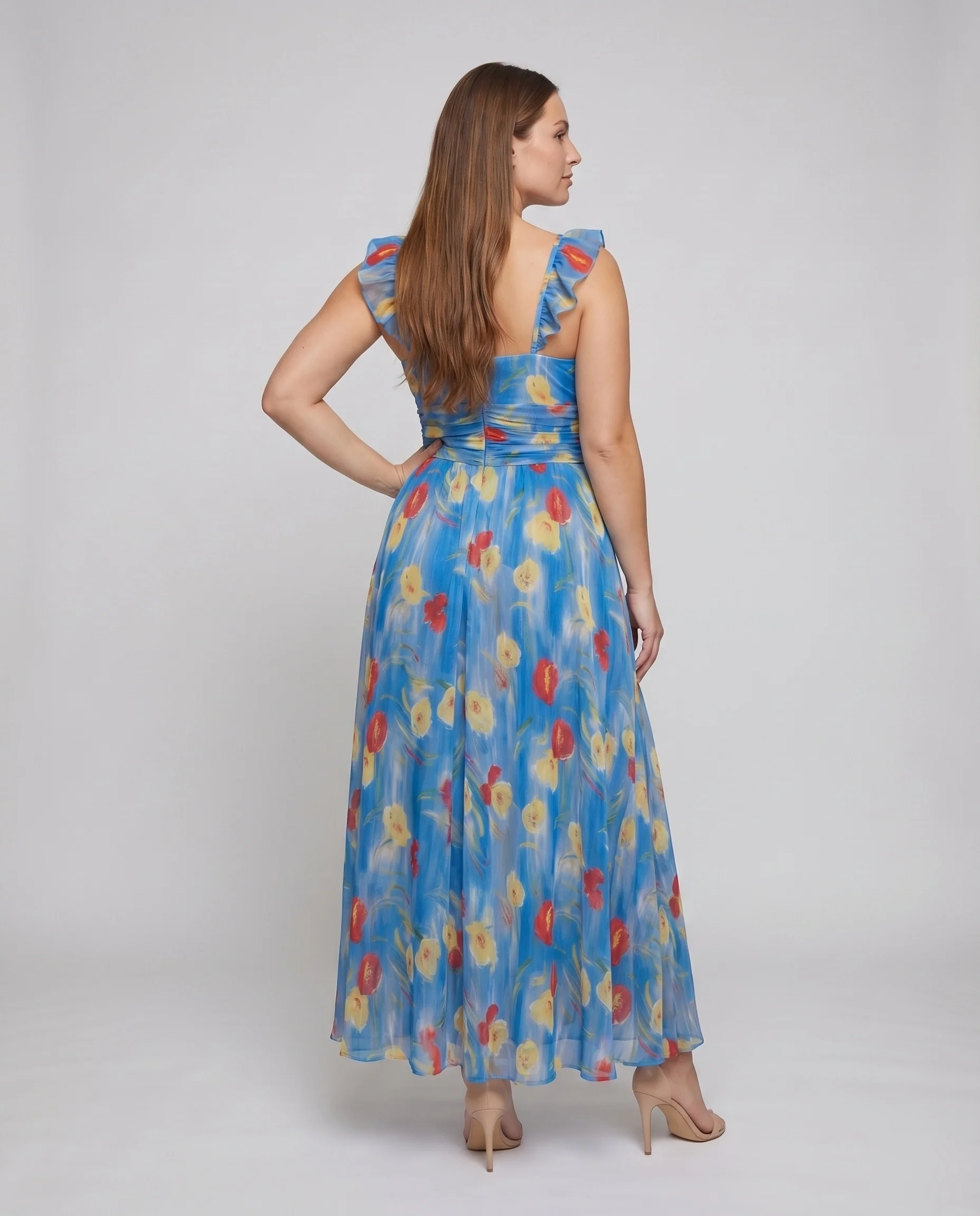 Damen Chiffon-Maxikleid Rüschen-Träger Tailliert Fließend - Image 4