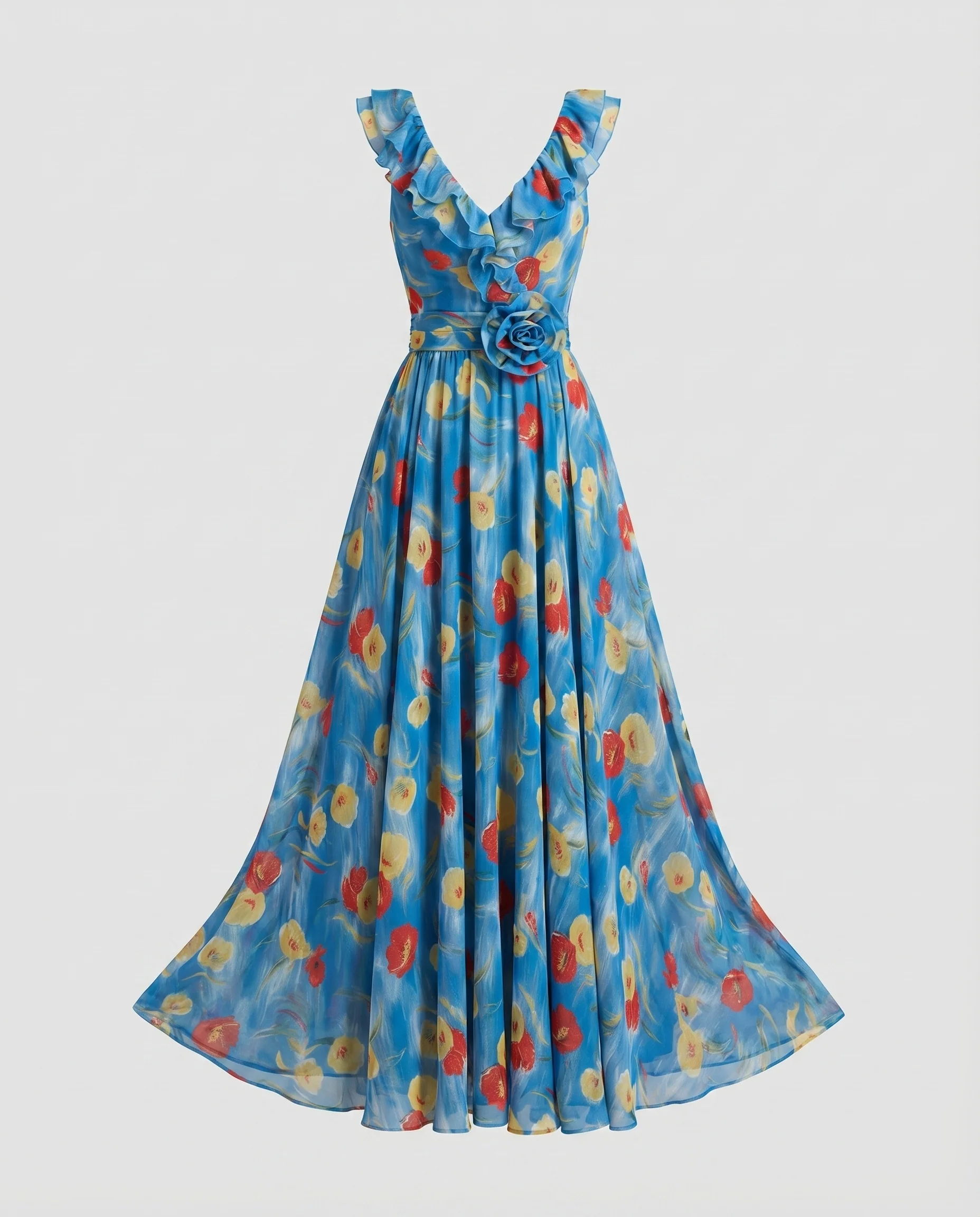 Damen Chiffon-Maxikleid Rüschen-Träger Tailliert Fließend - Image 5