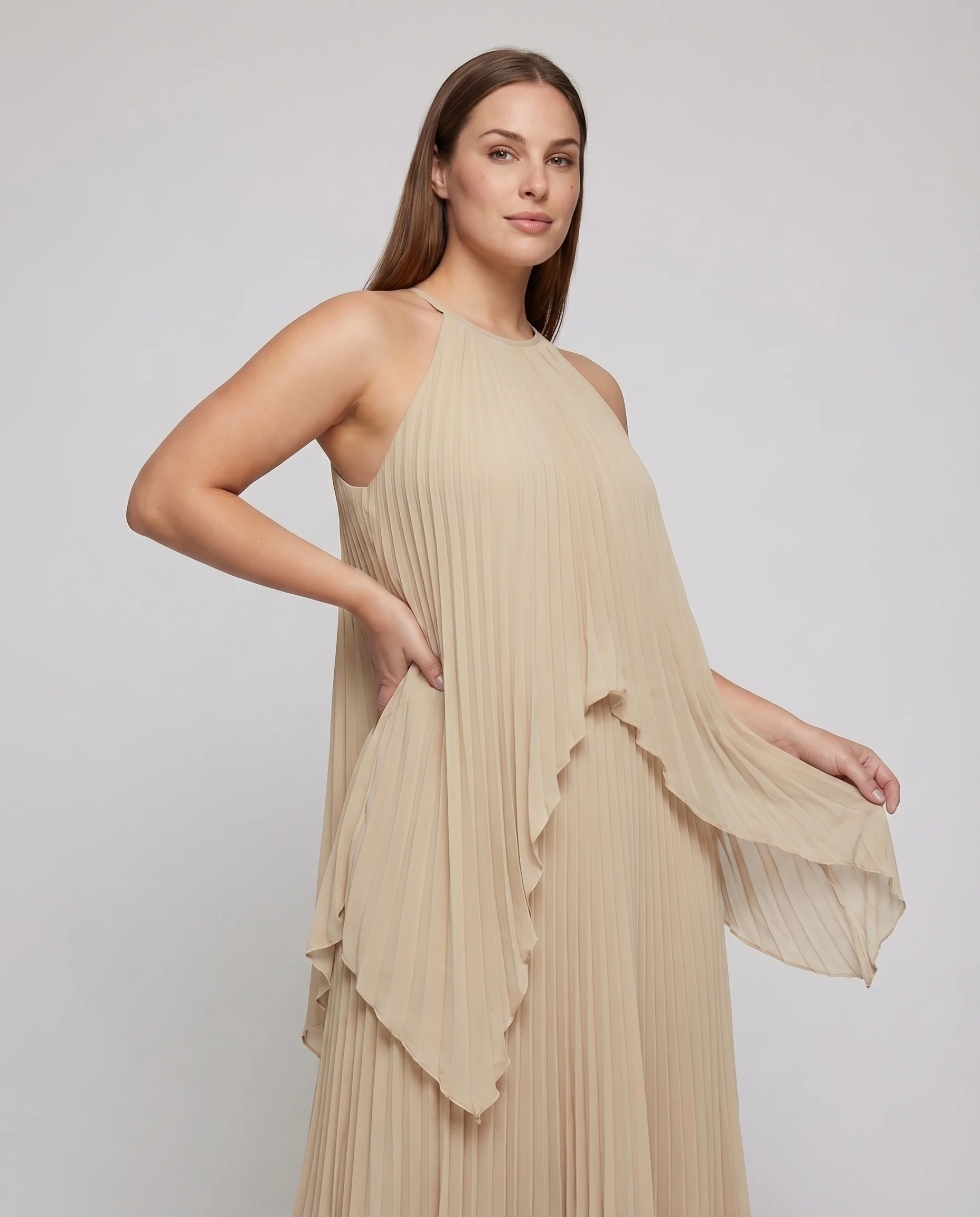 Damen Plissee-Maxikleid Mehrlagiger Fall Neckholder Fließend - Image 2