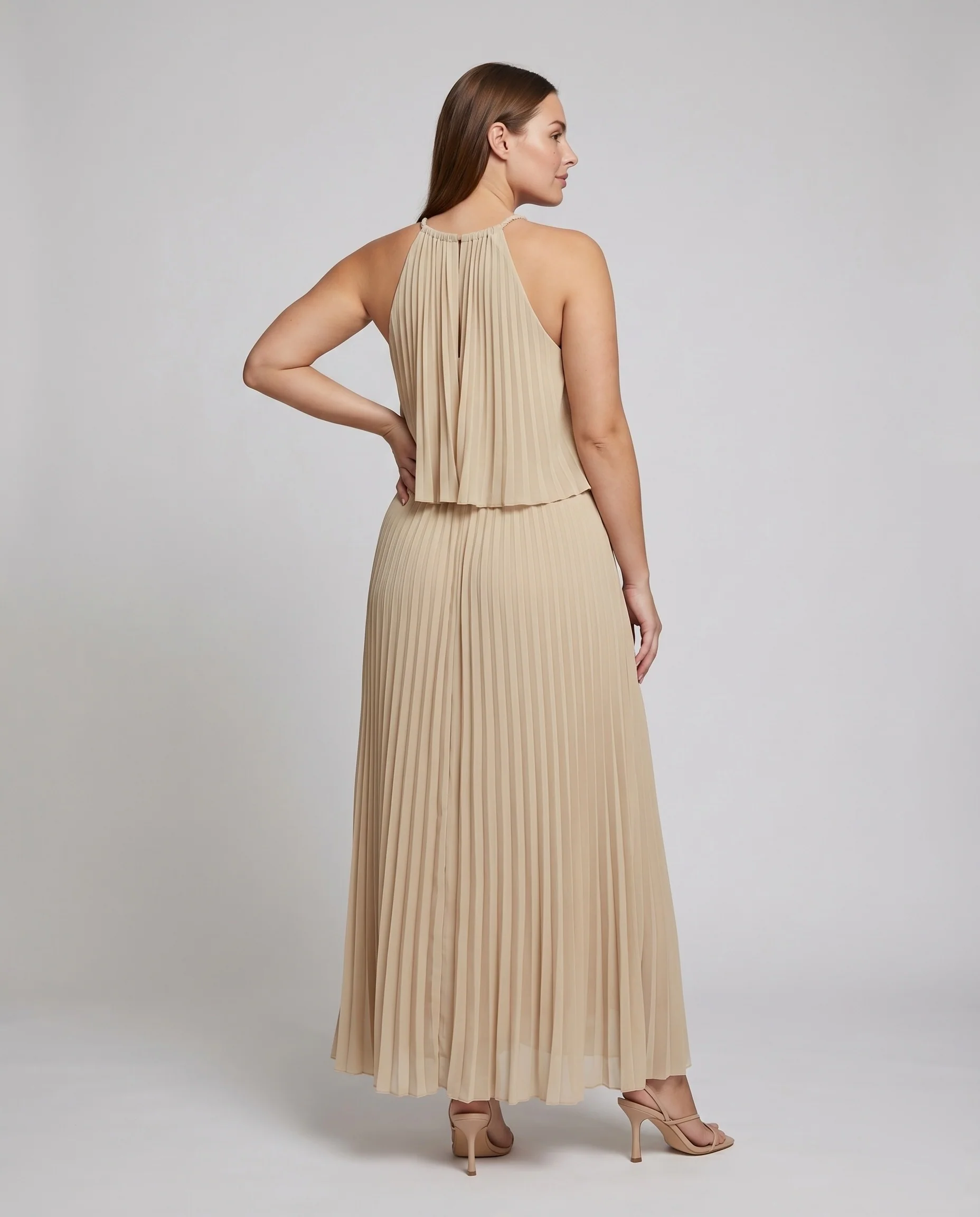 Damen Plissee-Maxikleid Mehrlagiger Fall Neckholder Fließend - Image 4