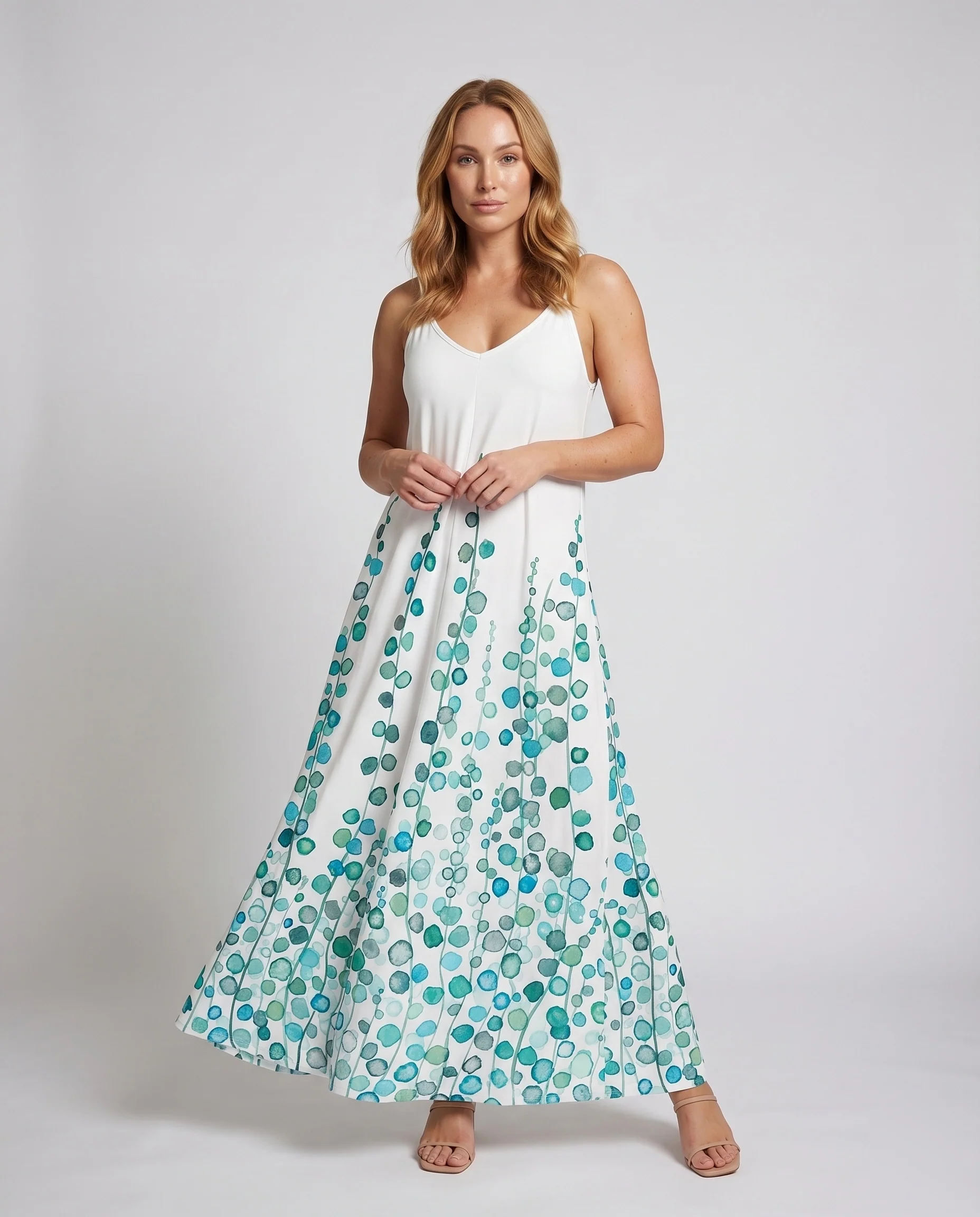 Damen Sommer-Maxikleid V-Ausschnitt Tupfenranken