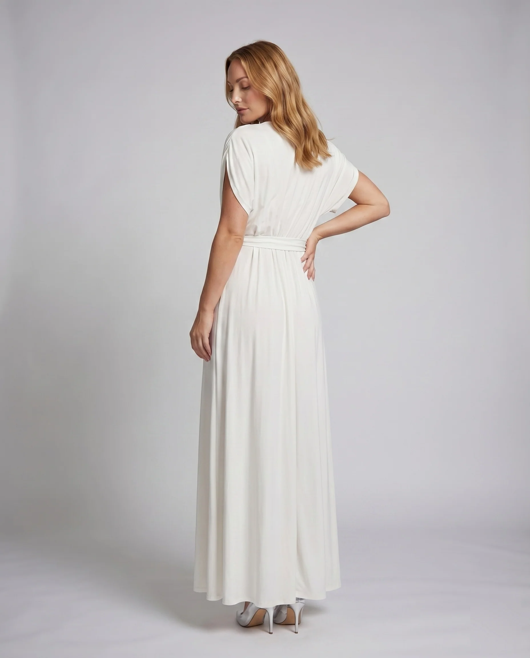 Damen Wickel-Maxikleid V-Ausschnitt Fledermausärmel Taillenband - Image 4