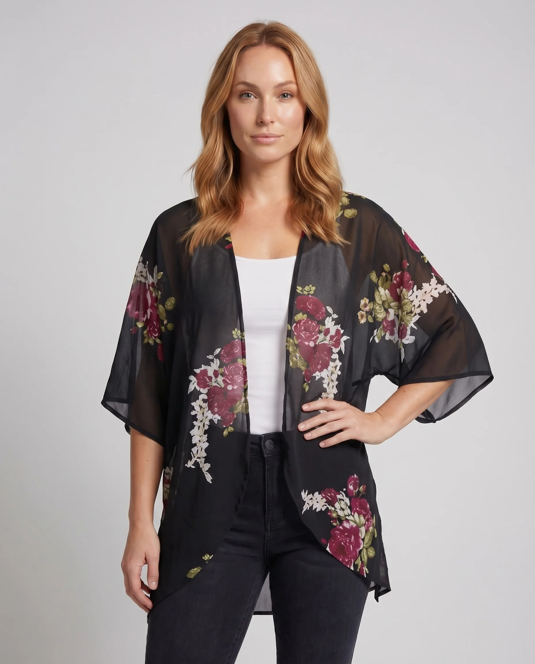 Damen Kimono-Überwurfjacke Florale Drapierung Offene Front Kurzarm - Image 2