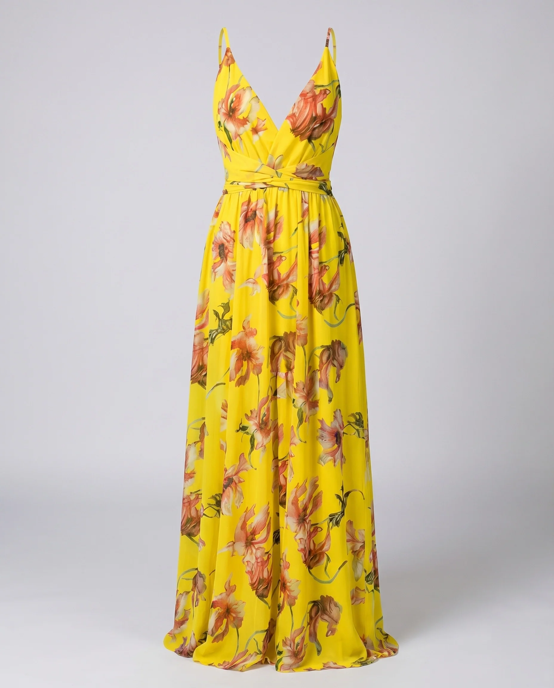 Damen Florales Maxikleid Überlappendes Dekolleté Taillengürtel Spaghettiträger - Image 5
