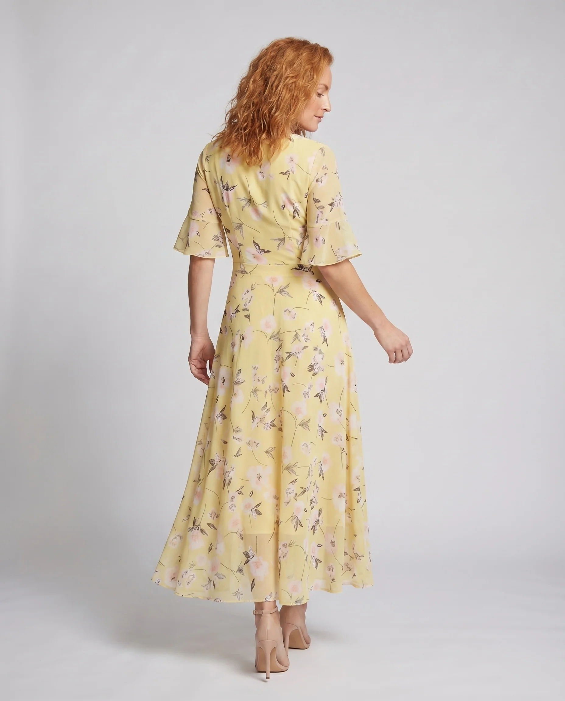 Damen Florales Maxikleid V-Ausschnitt Taillierte Miedernaht Volantärmel - Image 4