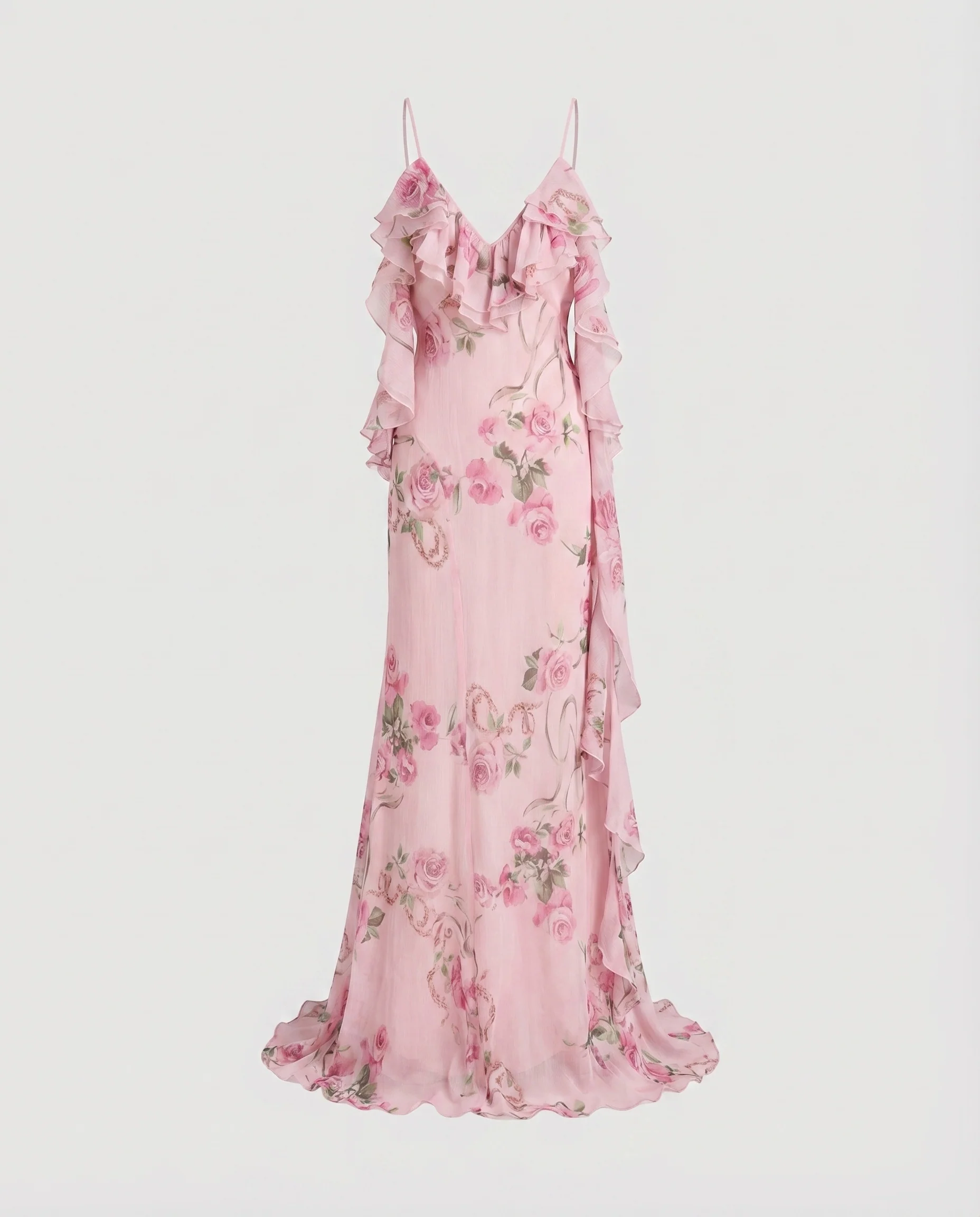 Damen Maxikleid Volantbesatz Schmale Träger Floraler Print - Image 5