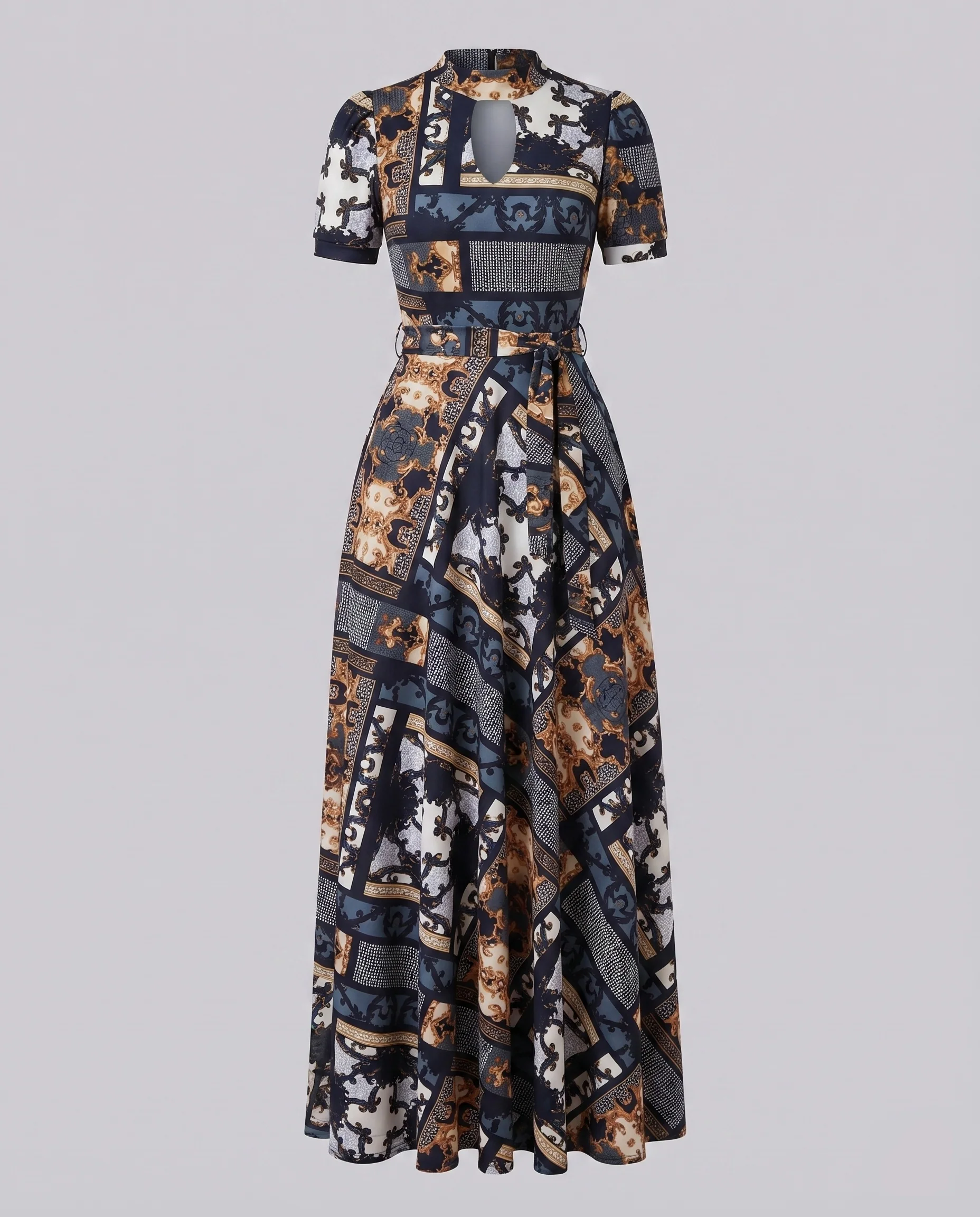 Damen Maxikleid Schlüsselloch-Ausschnitt Bindegürtel Kurzarm Schmeichelnd - Image 8