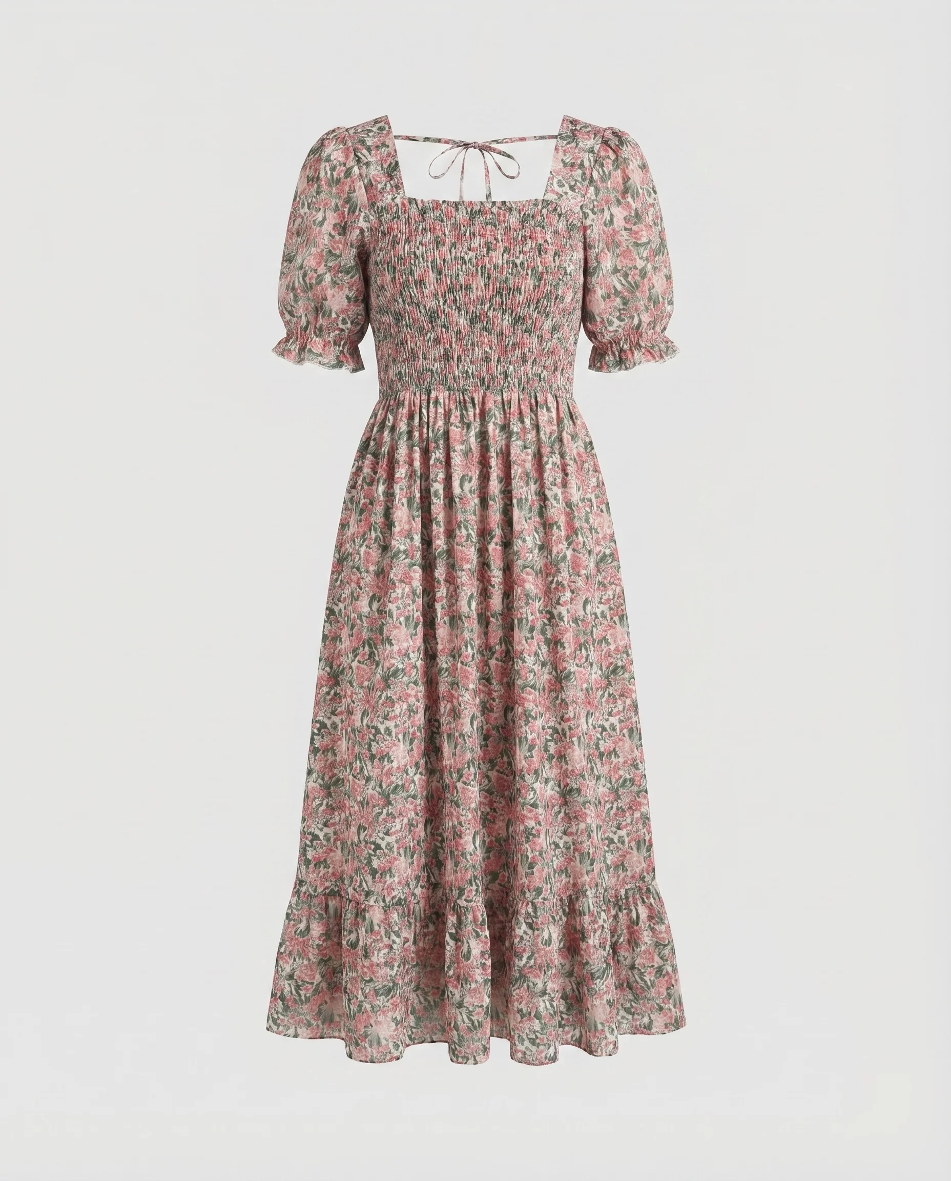Damen Empire-Maxikleid Smokmieder Stufenvolant Puffärmel - Image 5