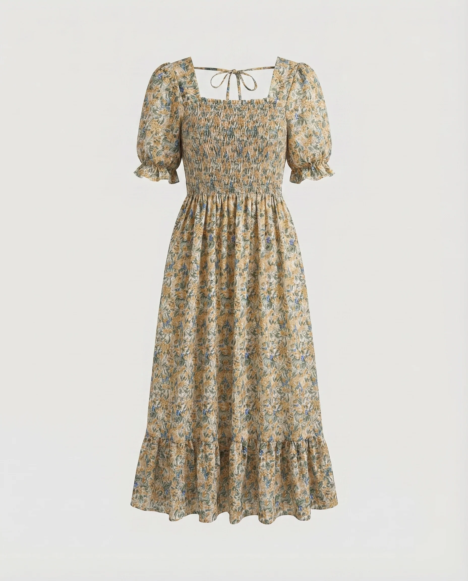 Damen Empire-Maxikleid Smokmieder Stufenvolant Puffärmel - Image 7