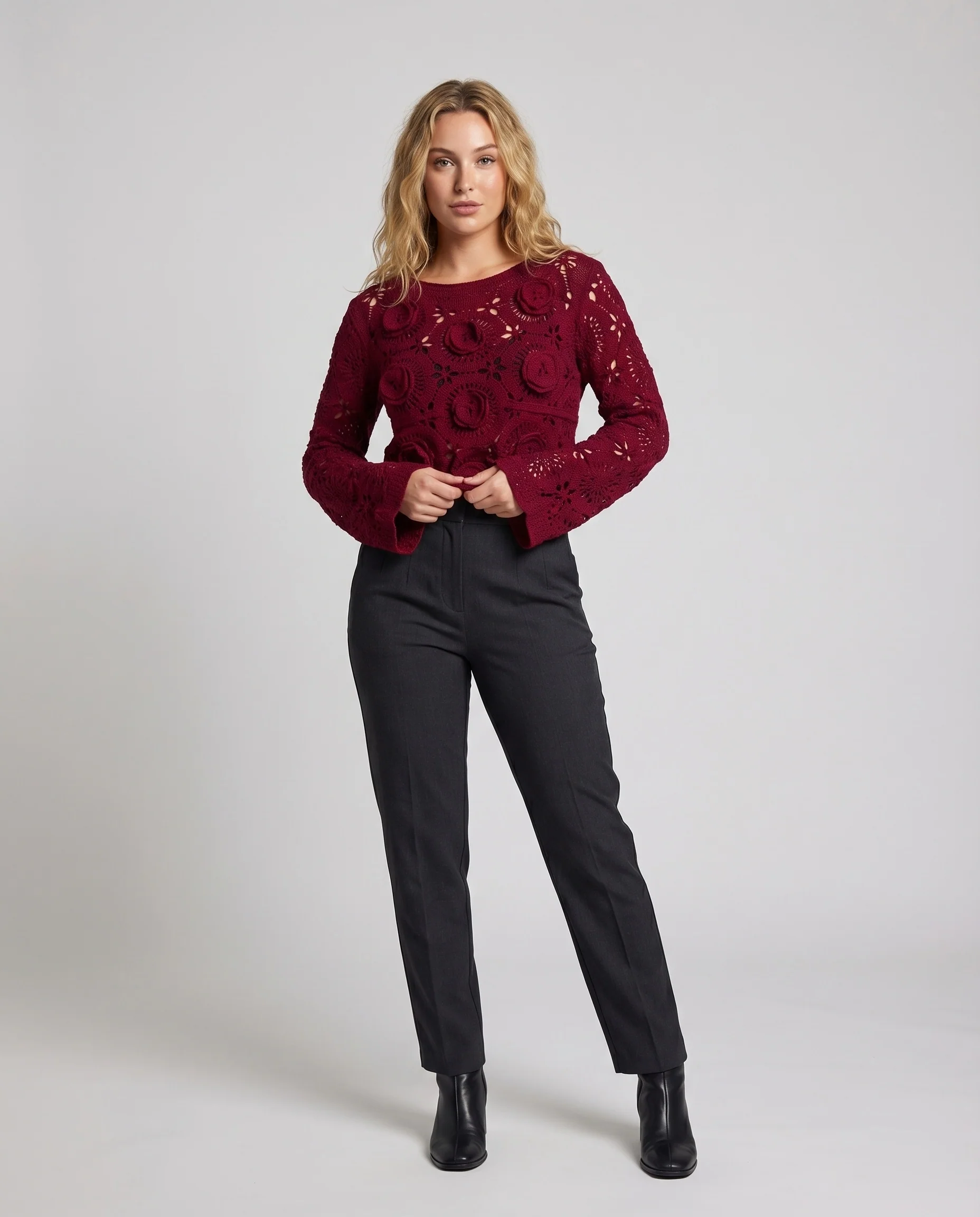 Damen Boho-Spitzenpullover Lochmuster Weiter Schnitt Gehäkelt