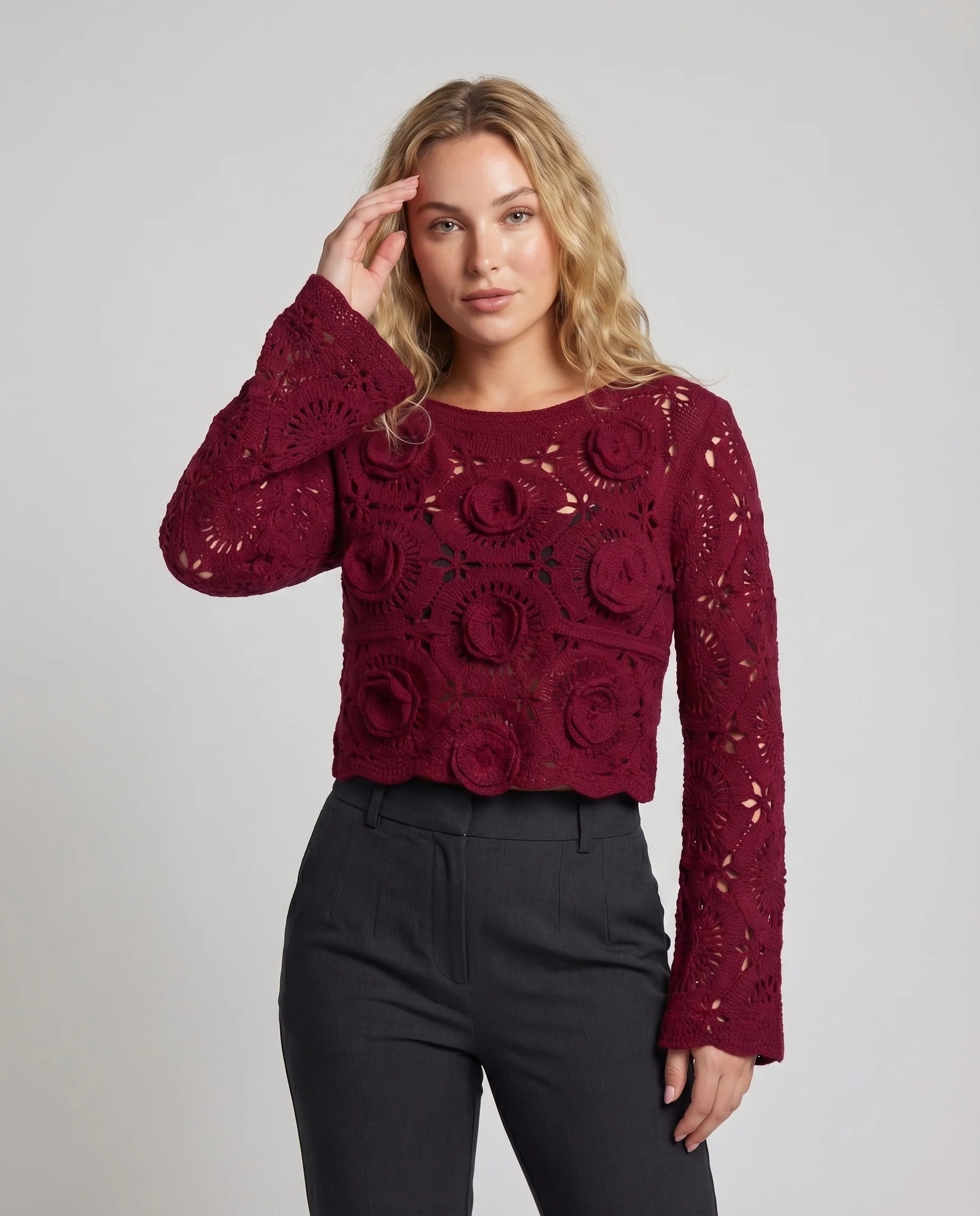 Damen Boho-Spitzenpullover Lochmuster Weiter Schnitt Gehäkelt - Image 2