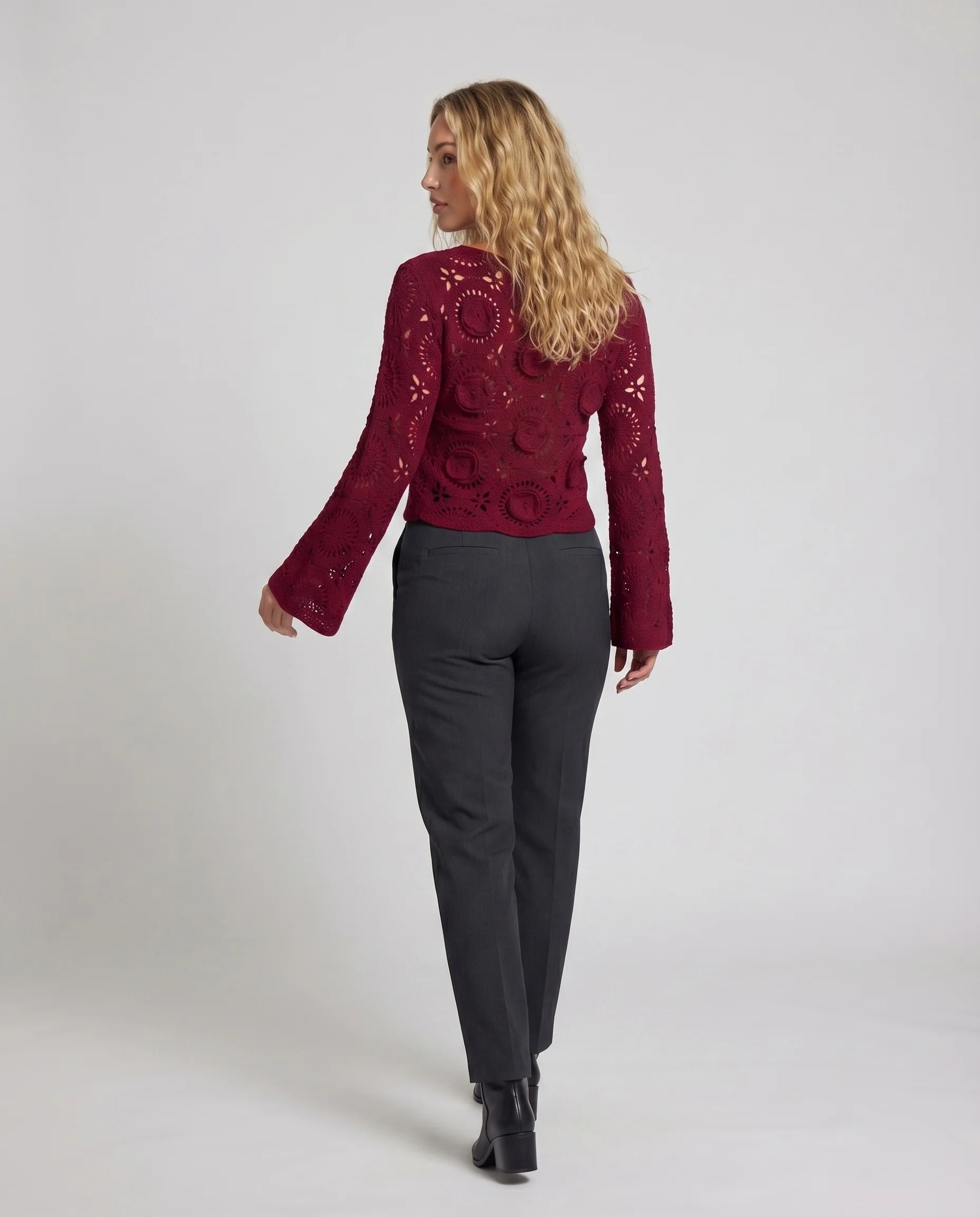 Damen Boho-Spitzenpullover Lochmuster Weiter Schnitt Gehäkelt - Image 4