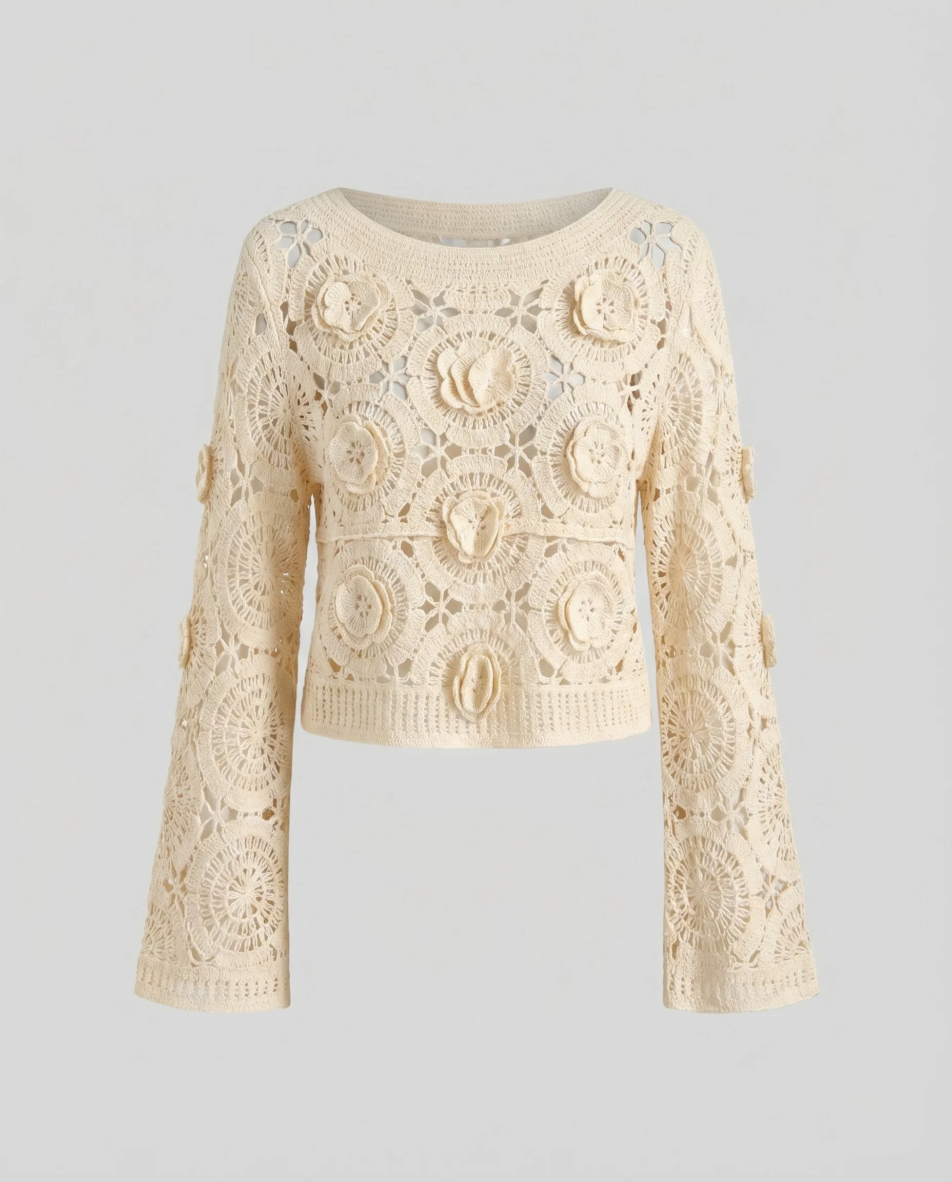 Damen Boho-Spitzenpullover Lochmuster Weiter Schnitt Gehäkelt - Image 5
