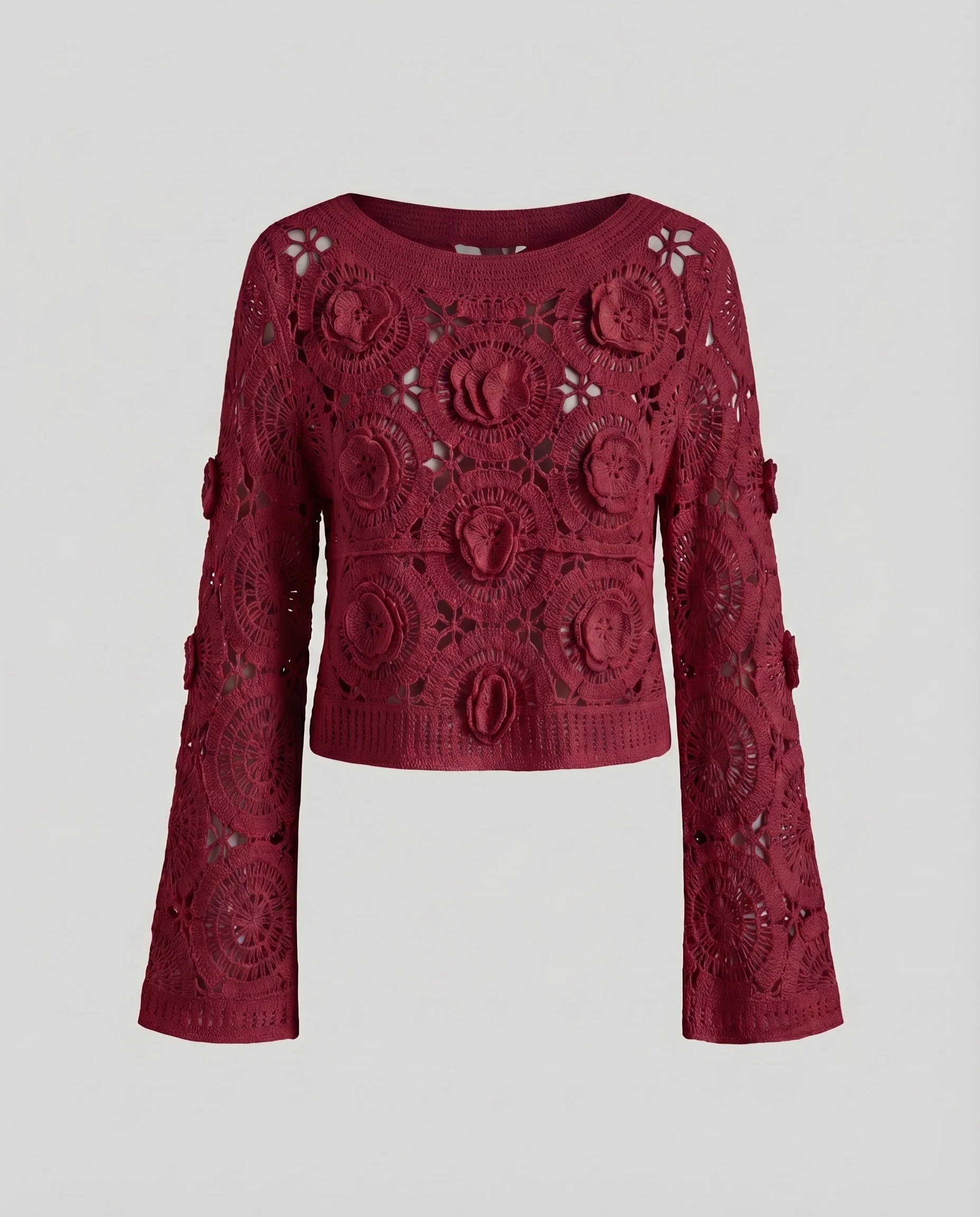 Damen Boho-Spitzenpullover Lochmuster Weiter Schnitt Gehäkelt - Image 6