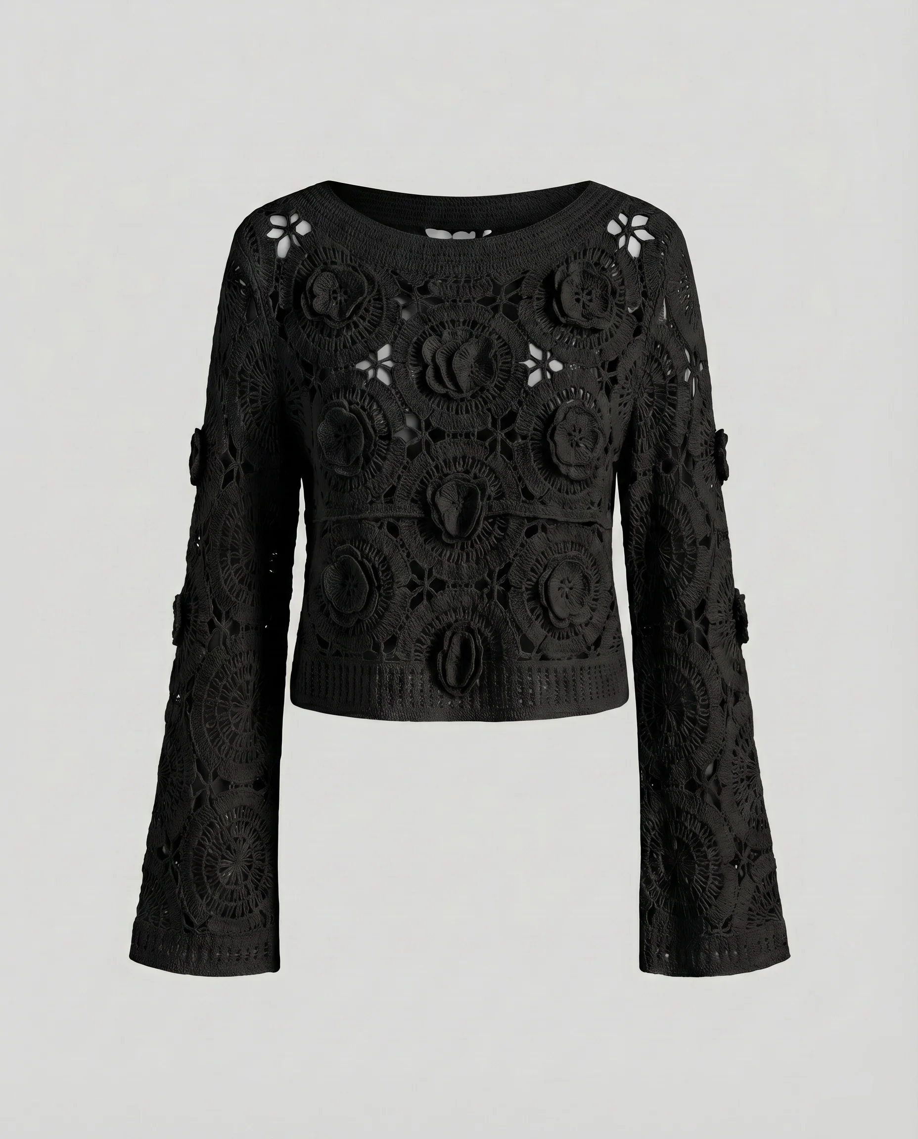 Damen Boho-Spitzenpullover Lochmuster Weiter Schnitt Gehäkelt - Image 7