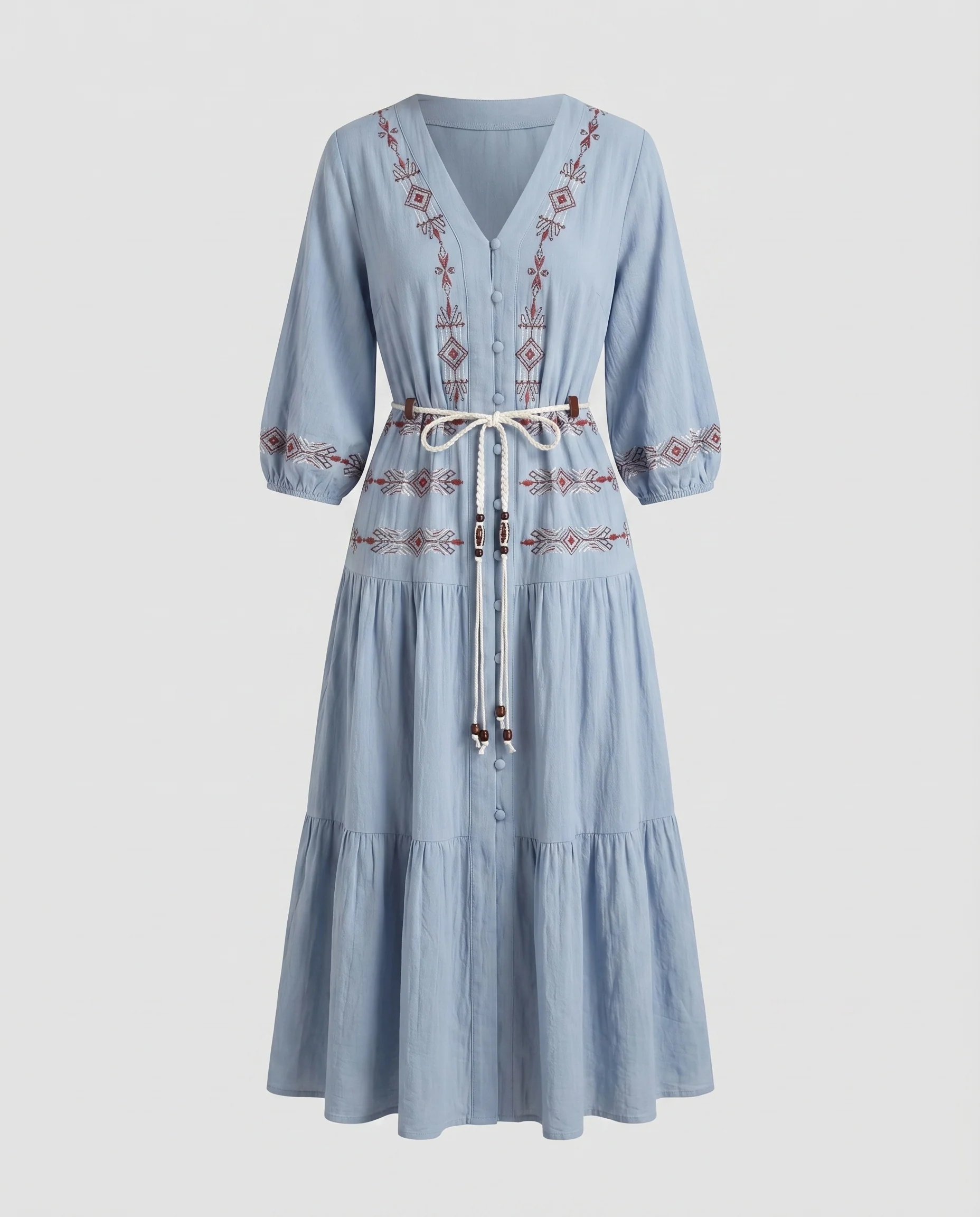 Damen Besticktes Midikleid Knopfleiste Stufenrock Tunnelzug - Image 5