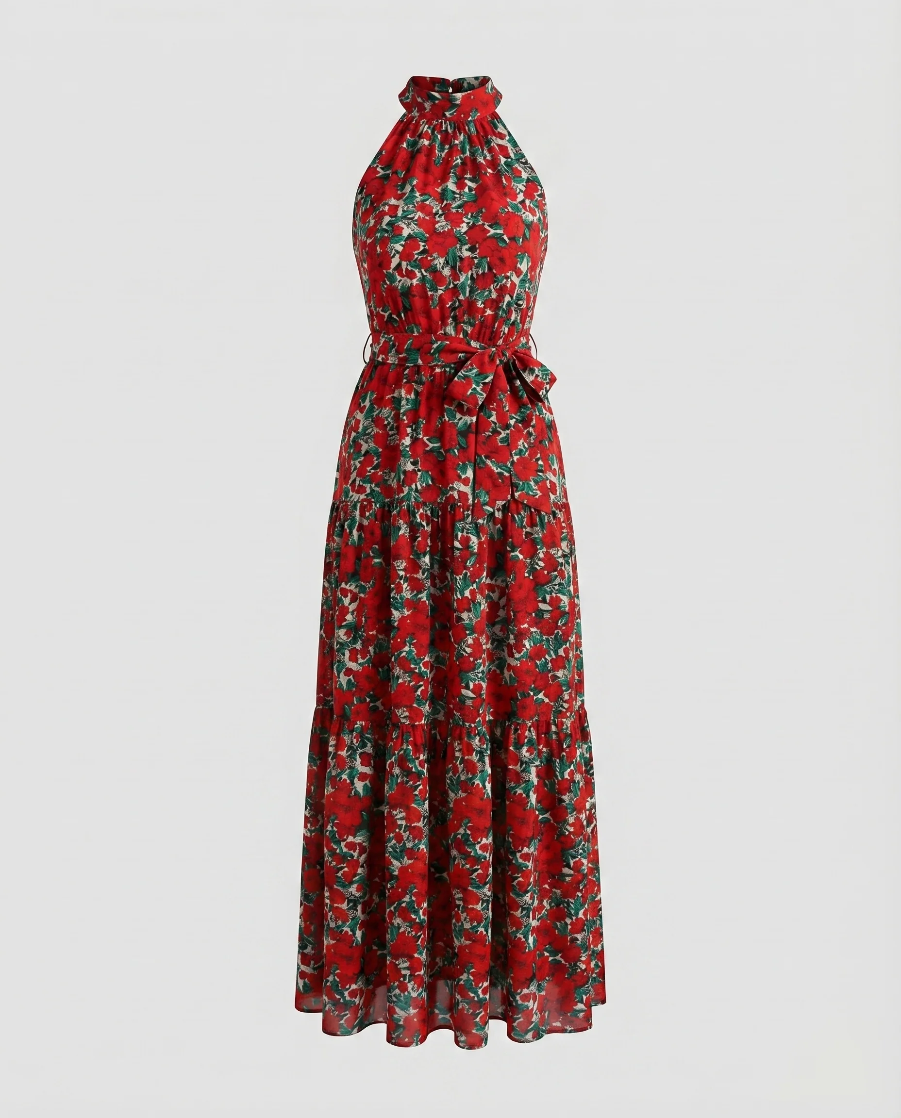 Damen Gepunktetes Maxikleid Gerafftes Halsteil Stufenvolantrock - Image 6