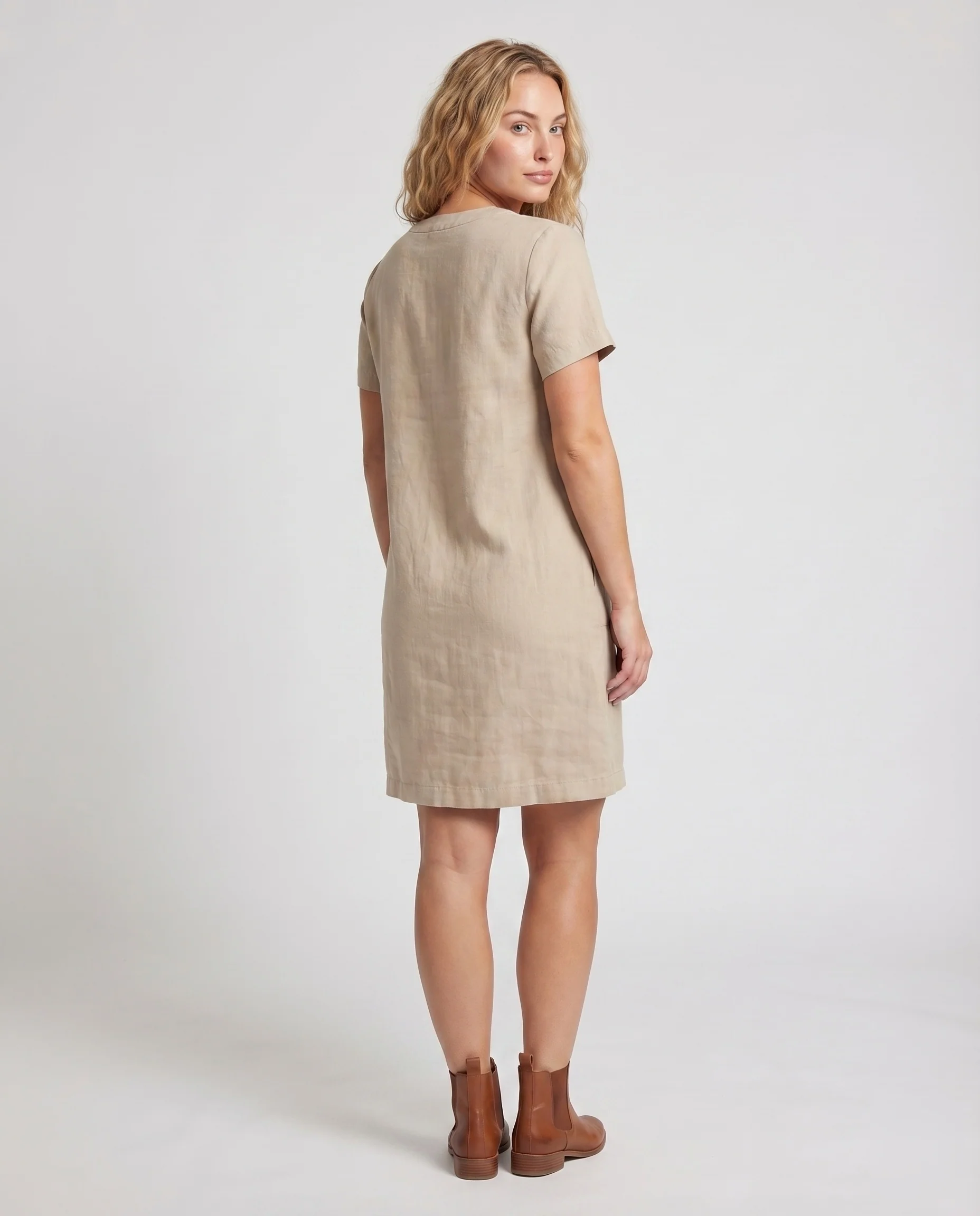 Damen Leinenmix-Kurzarmkleid Stehkragen Knopfleiste Aufgesetzte Taschen - Image 4