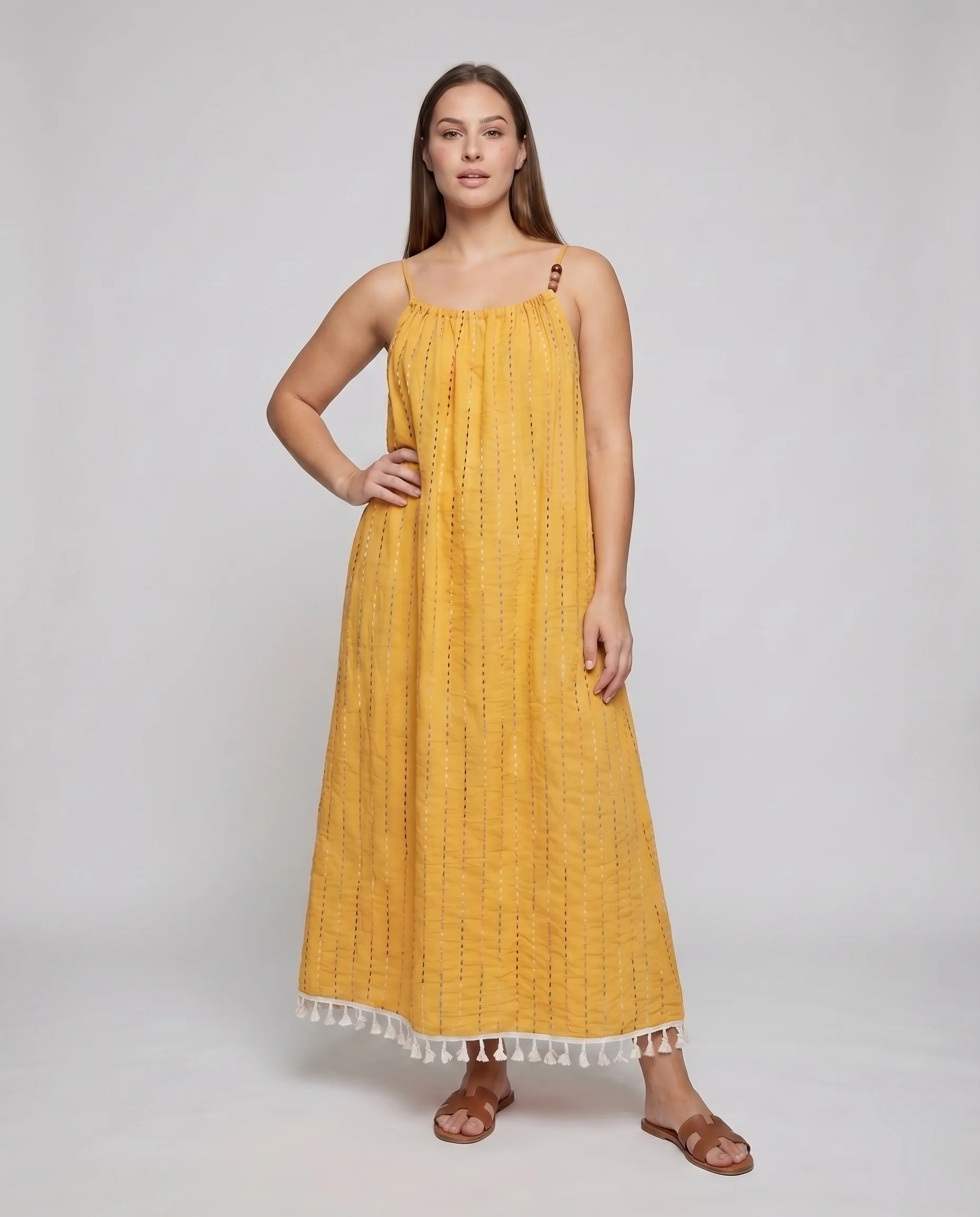 Damen Trägerkleid Perlenhenkel Zierstickerei Quasten-Saum - Image 2