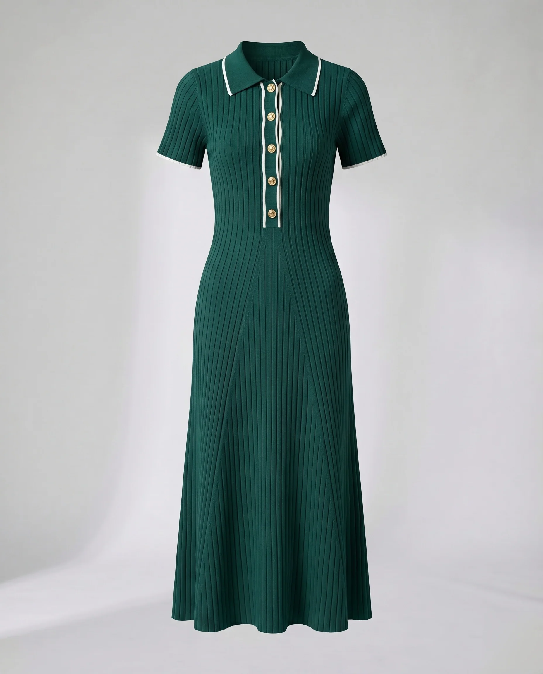 Damen Polokleid Rippenstrick Zierknopfleiste Midilänge - Image 7