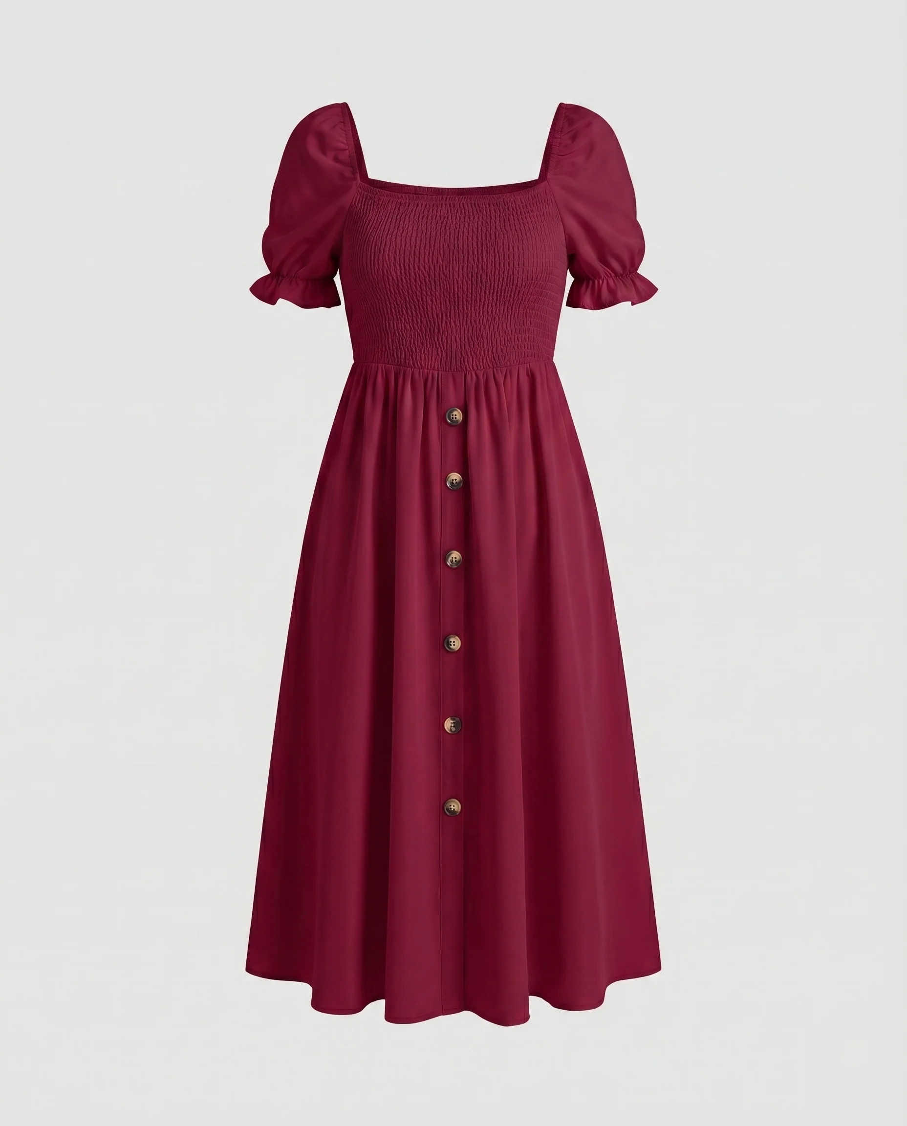 Damen Gesmoktes Midikleid Puffärmel Knopfleiste Quadrat-Ausschnitt - Image 7